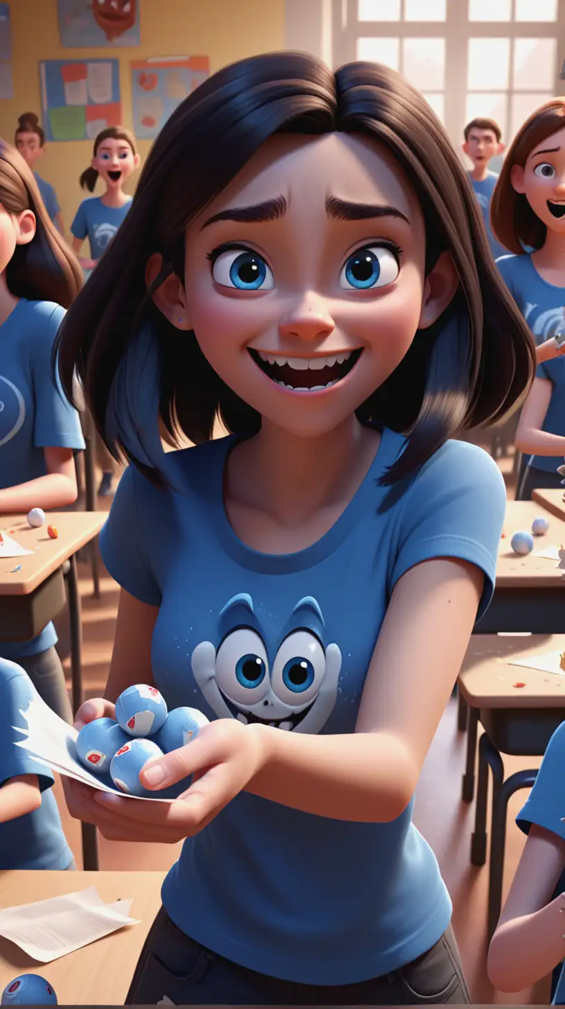 A 20-year-old girl wearing a blue t-shirt, with a evil smile, throwing bits of food and paper balls at her classmates in a school setting. The scene is animated in Disney Pixar 3D animation style.