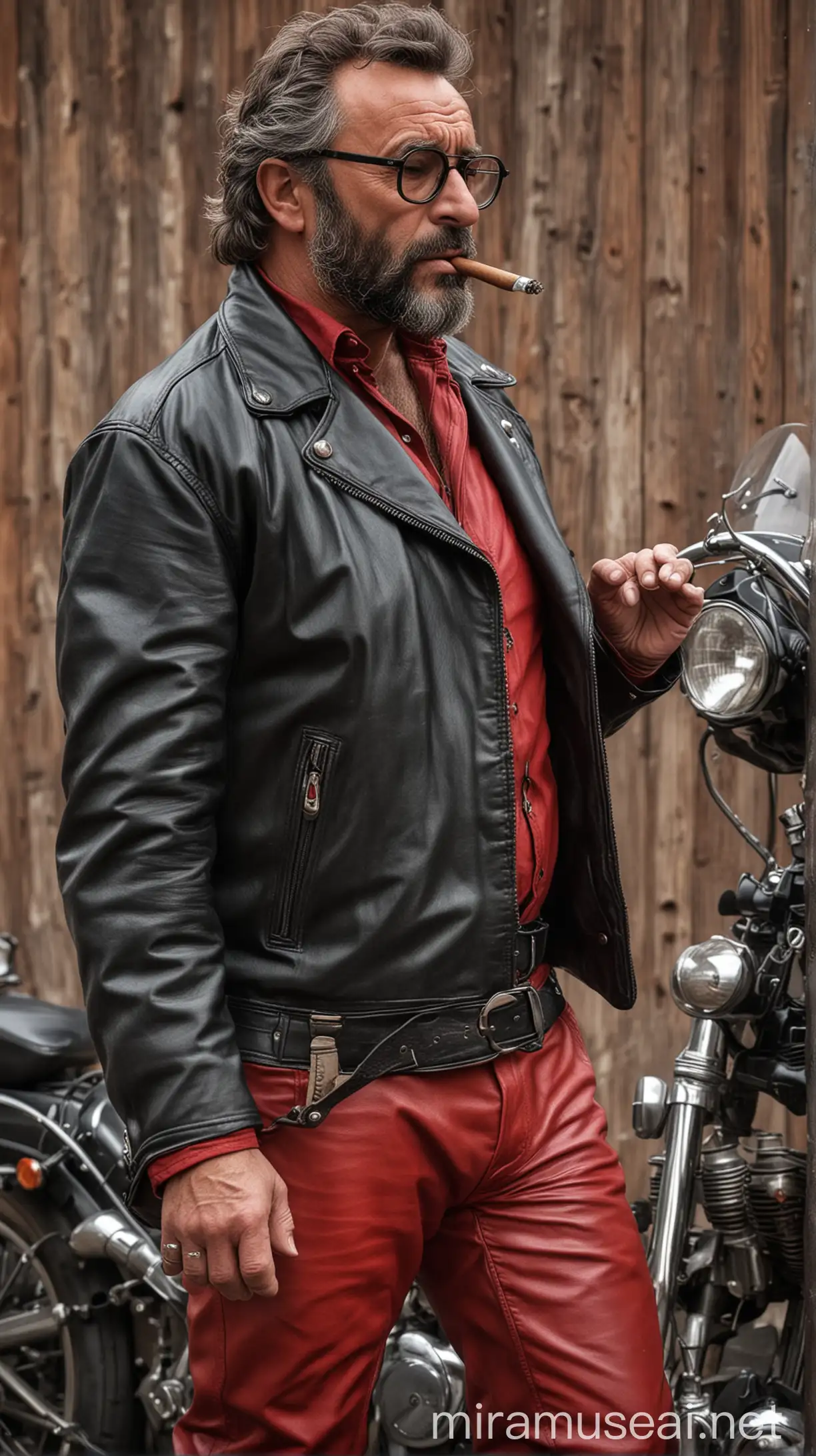 A masculine thick powerful and ruggedly handsome Peter Falk smoking a big cigar muscled and bearded biker black leathers jacket and red leather tight pants wearing glasses