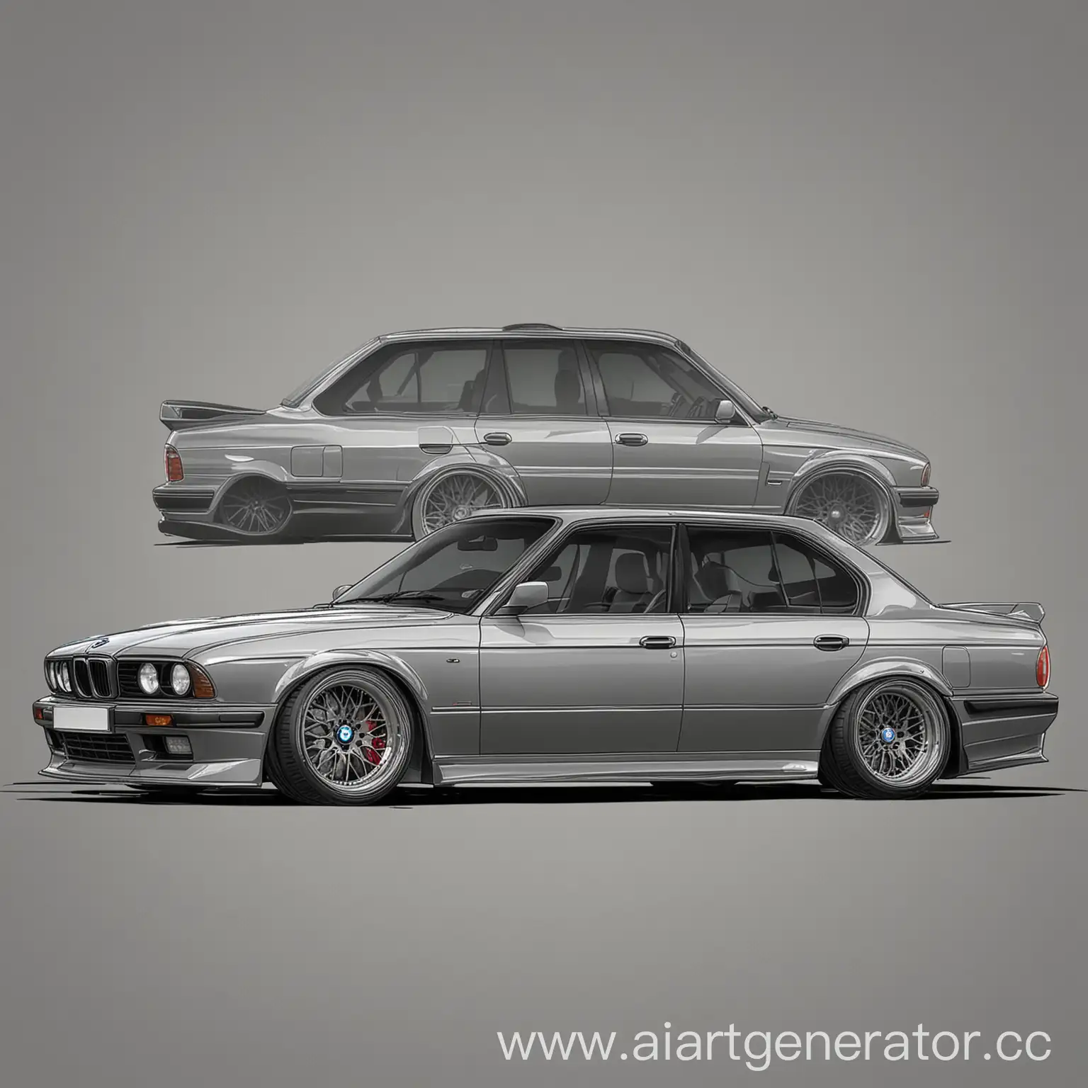 Graphically-Rendered-Grey-BMW-E34-with-Wide-Front-End-Side-View