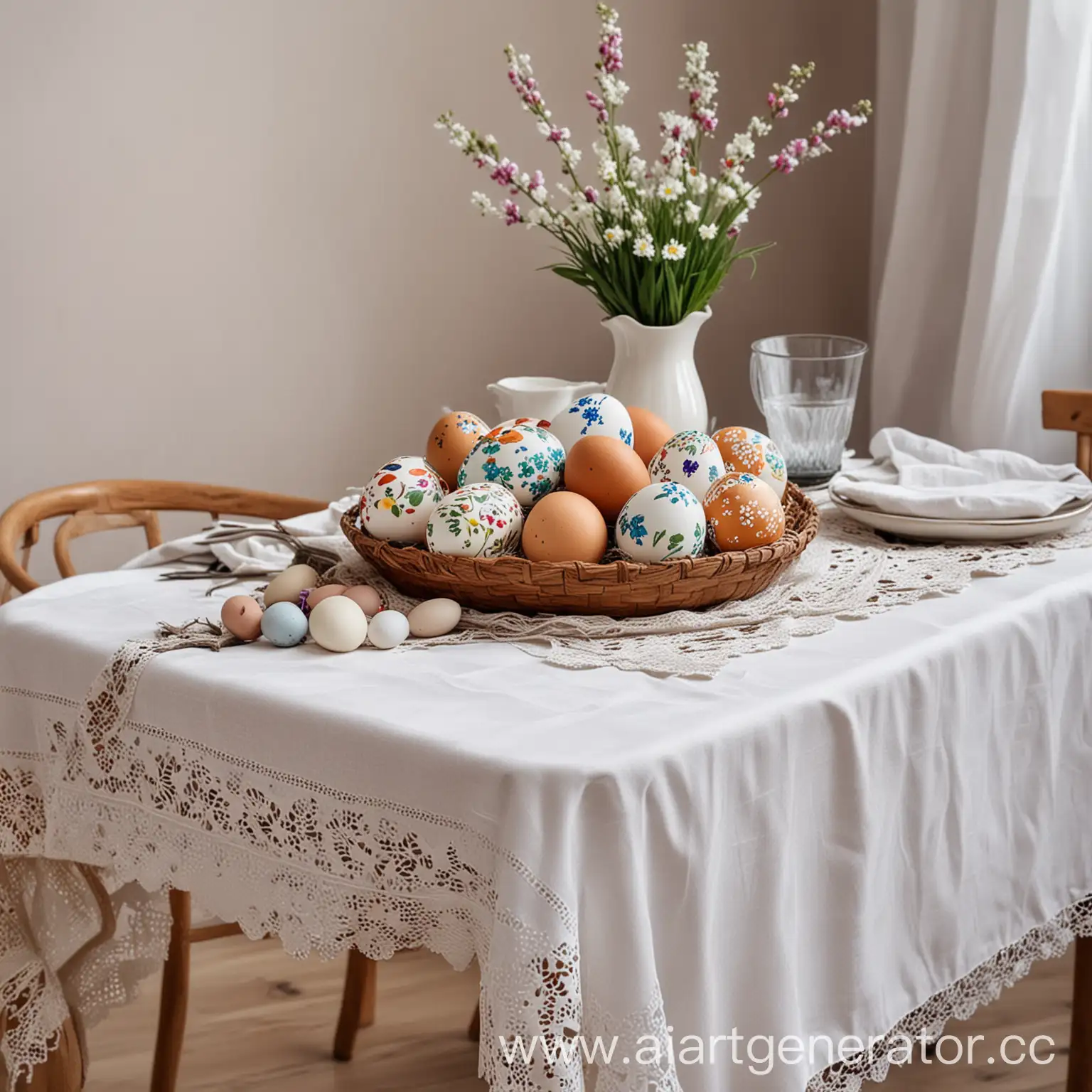 стол с белой скатертью,красивые расписные яйца,куличи праздник пасхи
