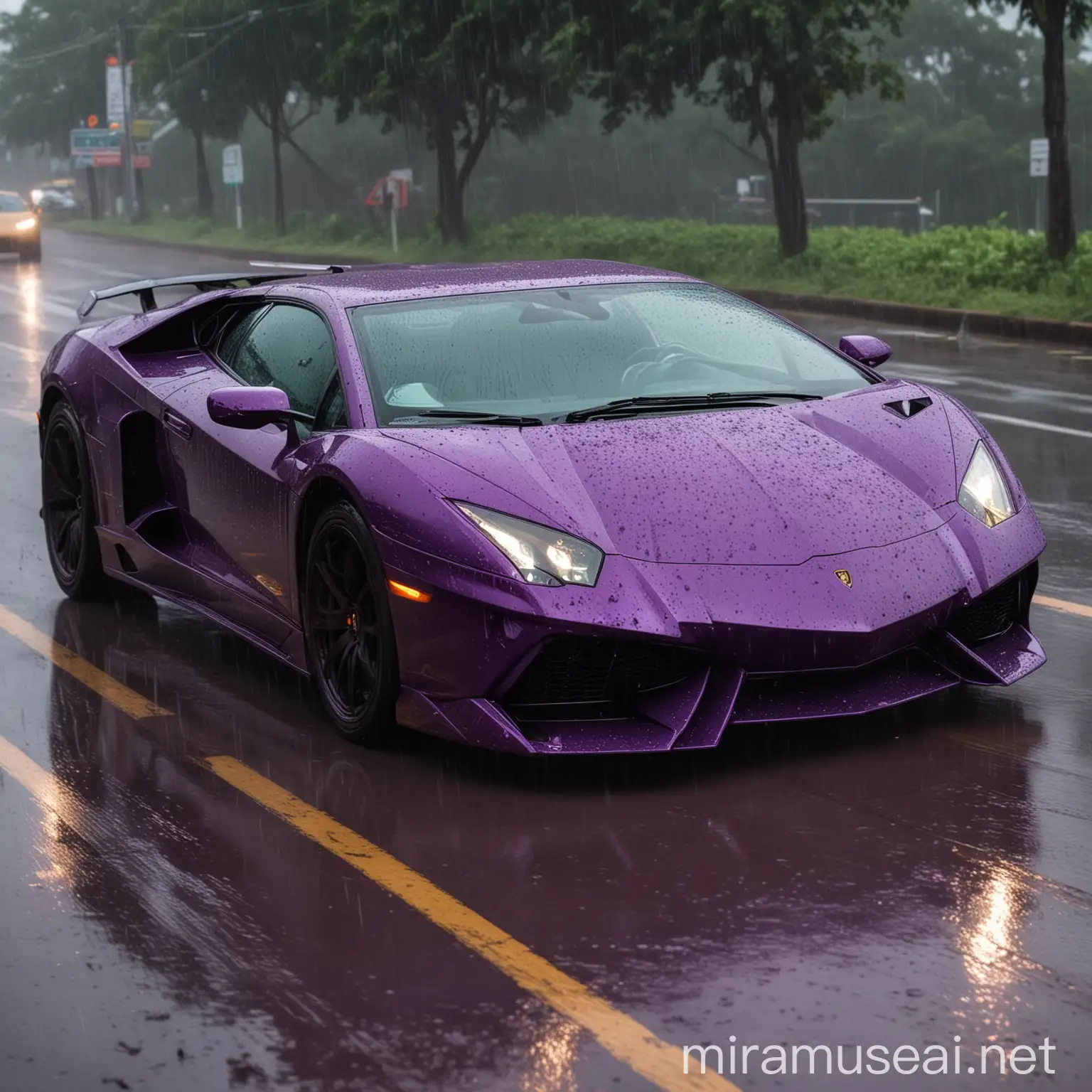 Sleek Brazilian Purple Lamborghini Racing in Rainy Weather