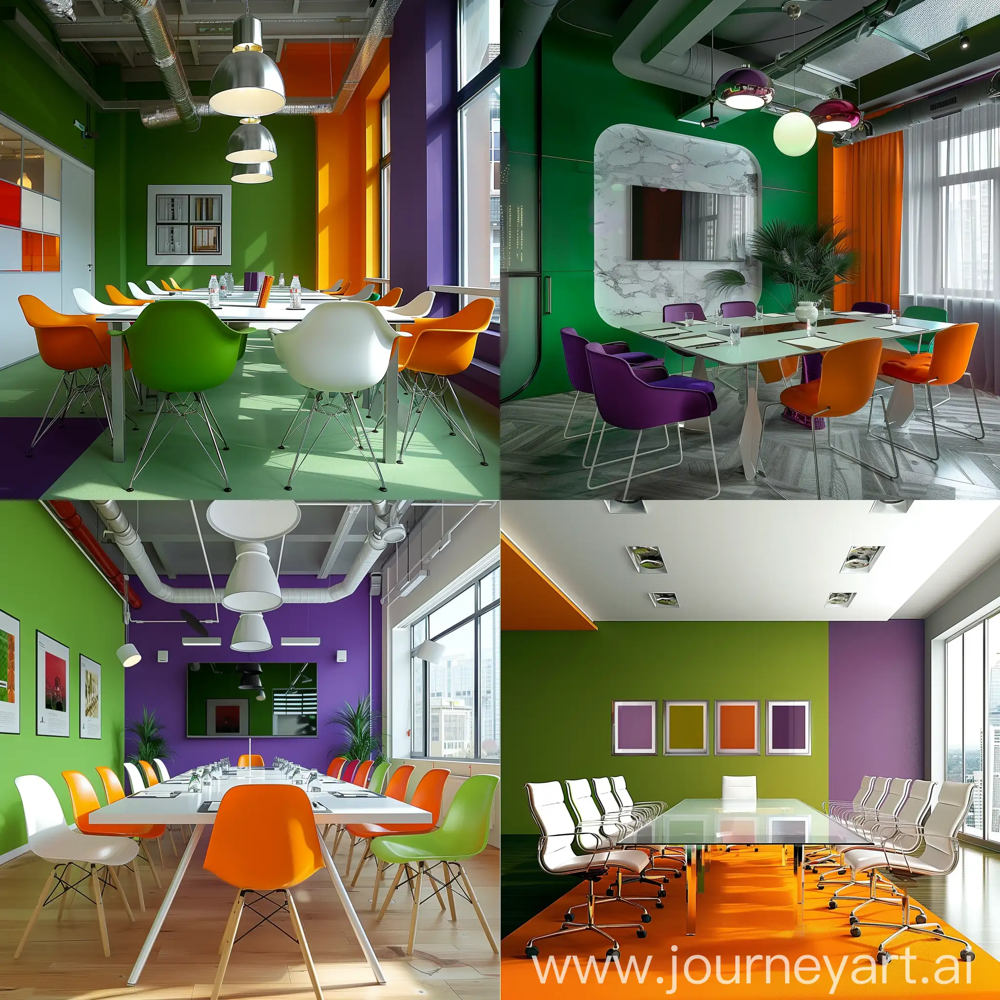 Vibrant-Loft-Style-Meeting-Room-with-Green-Orange-White-and-Purple-Decor