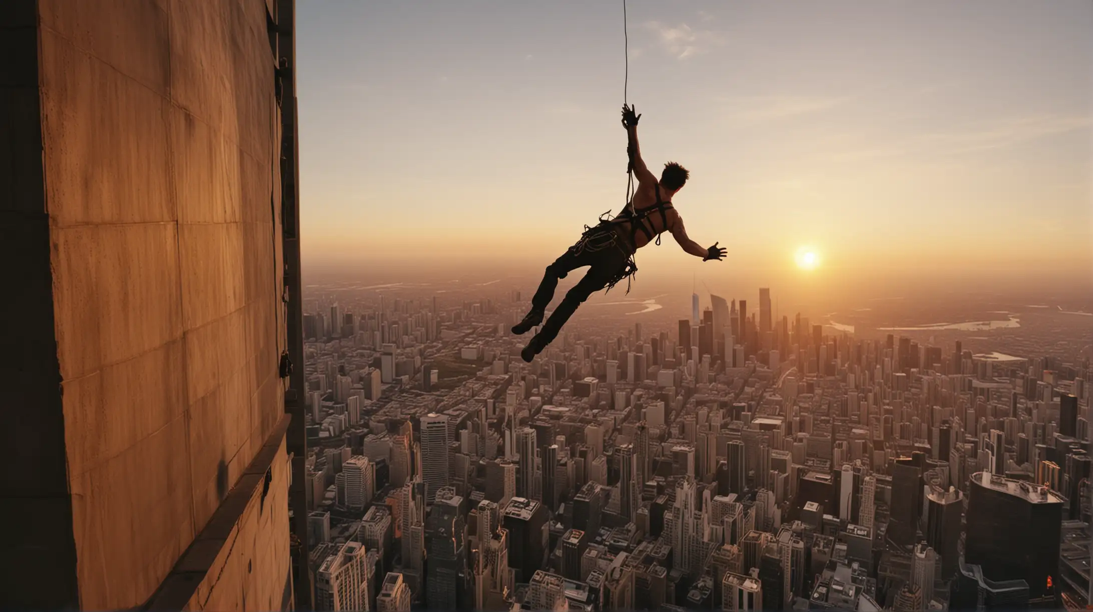 Fearless Performer Hanging Off Skyscraper Edge at Sunset