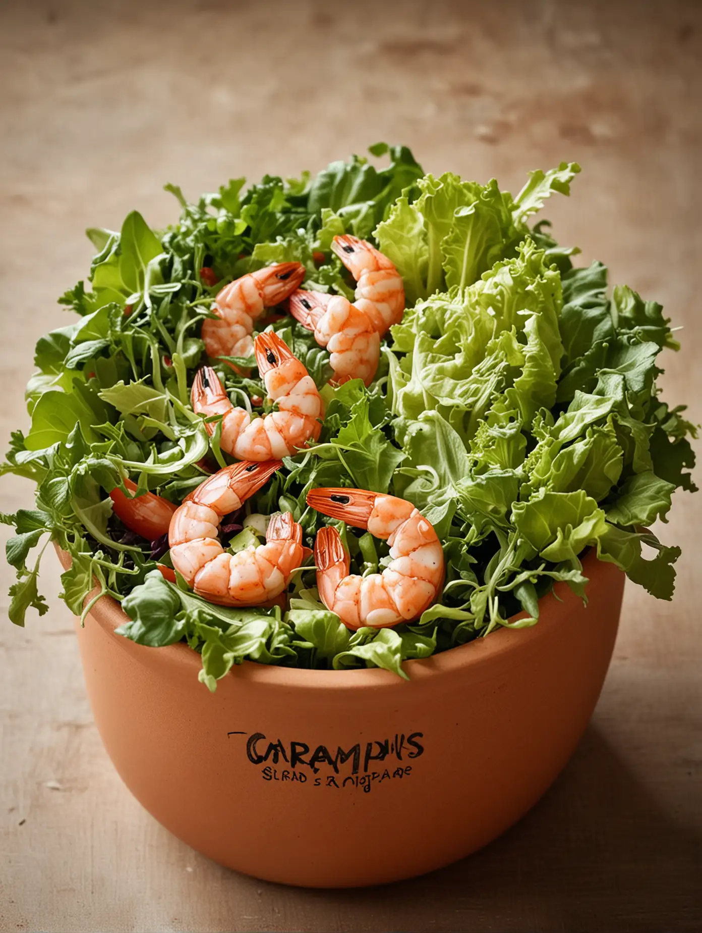 /imagine a bowl of salad in the shape of a plant terracota pot and inside you can see a delicious salad with shrimps on top and a label in the pot with the name of the salad looking like a plant label