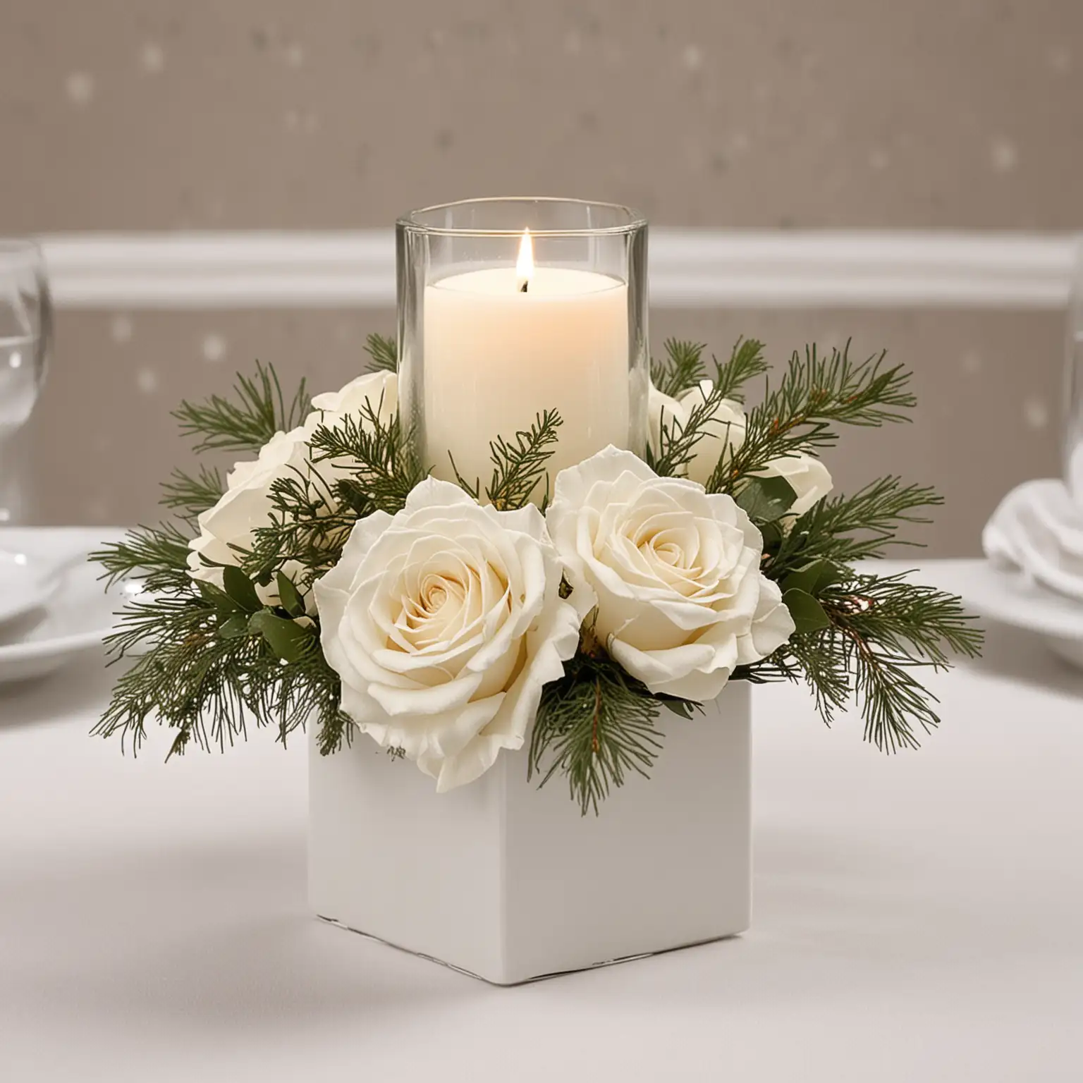 small DIY elegant white winter wedding centerpiece with white square vase ; use a neutral or white background