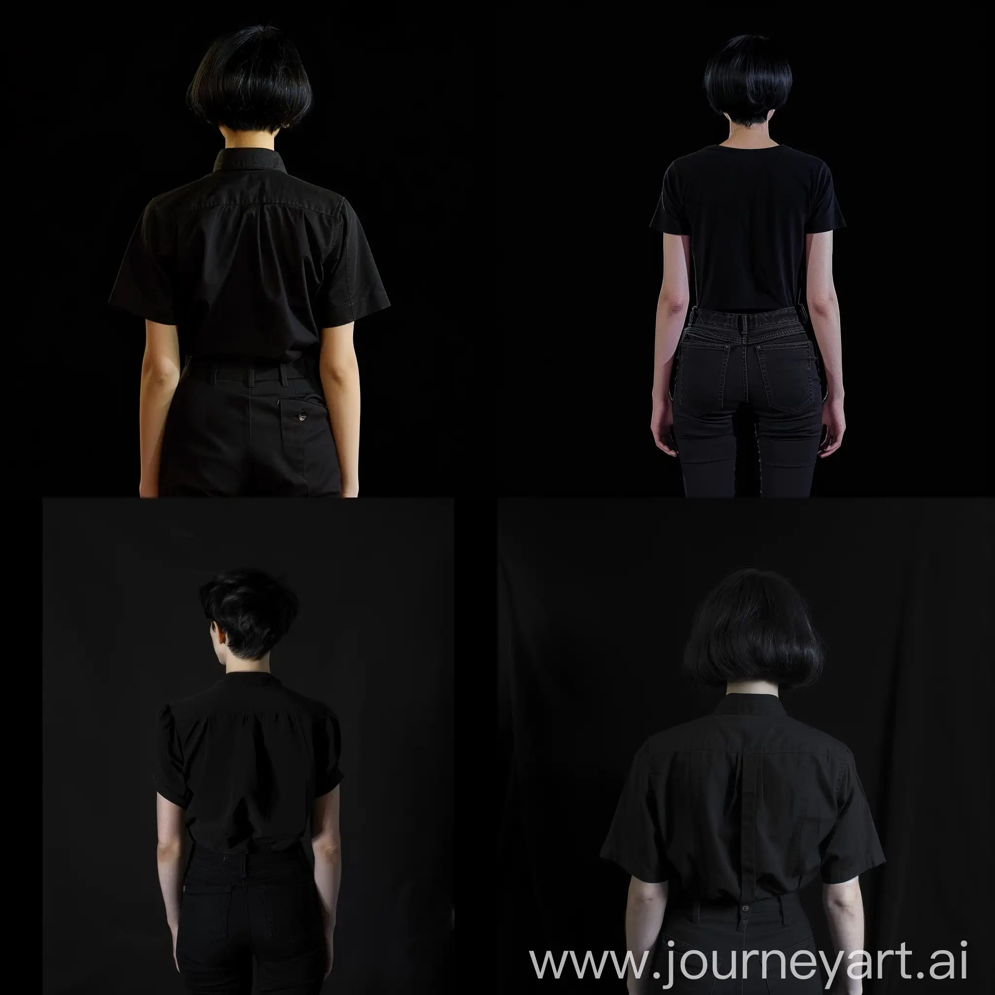 I created a woman with short black hair, facing away from the screen and wearing black pants, with an all-black background.