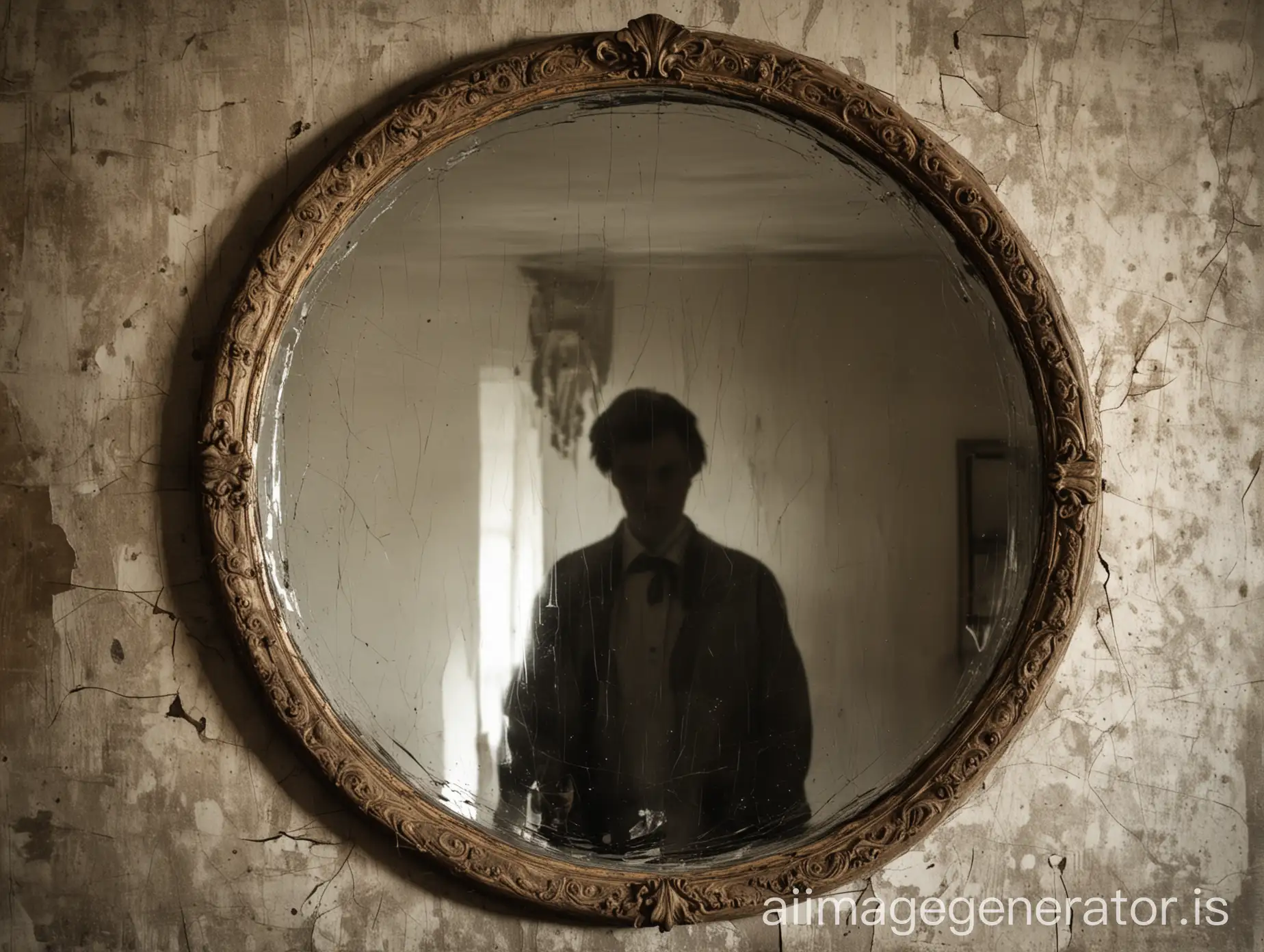 A cracked antique mirror with a shadowy figure reflected in it.