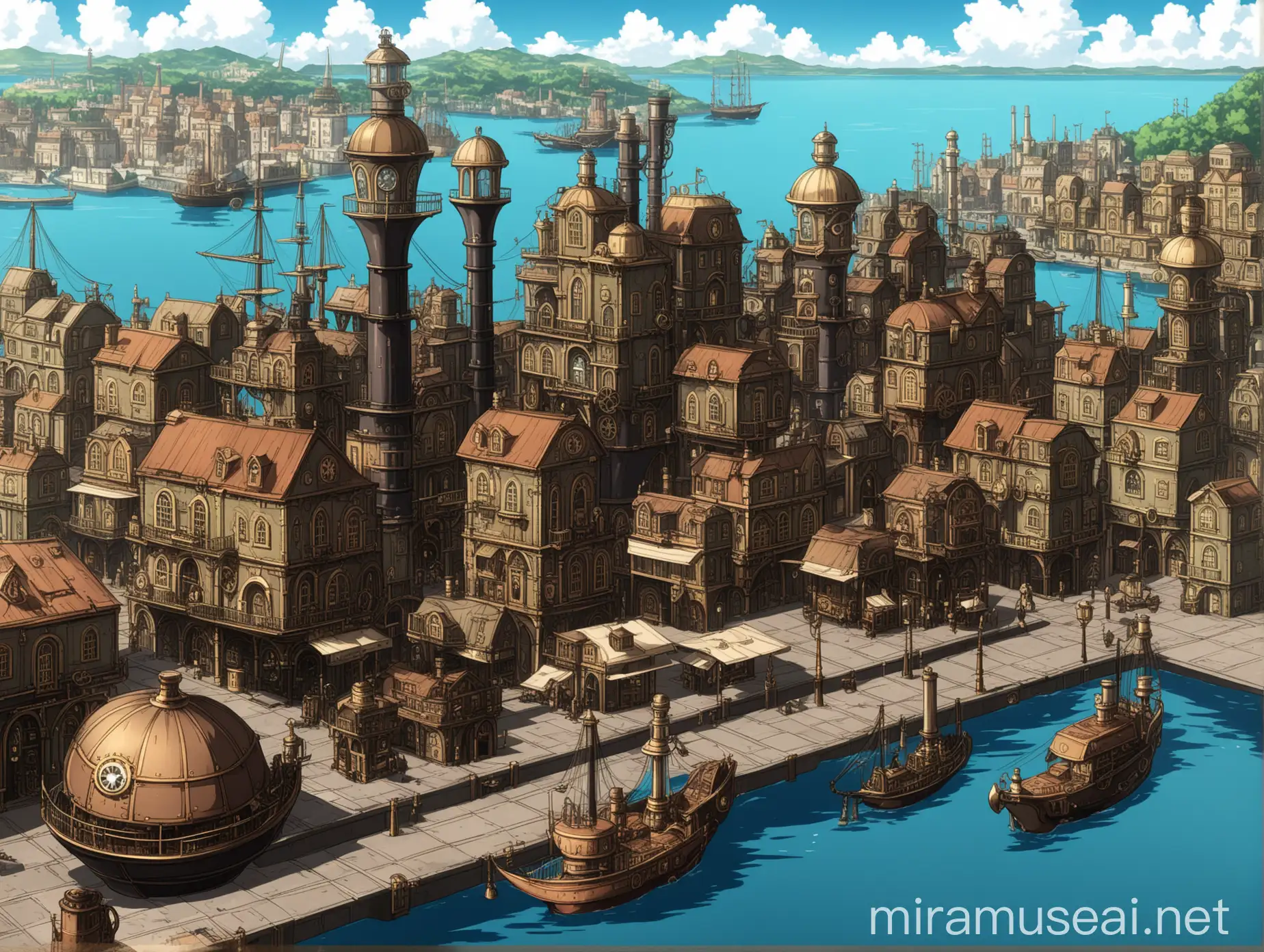 a rich steampunk port city, in anime