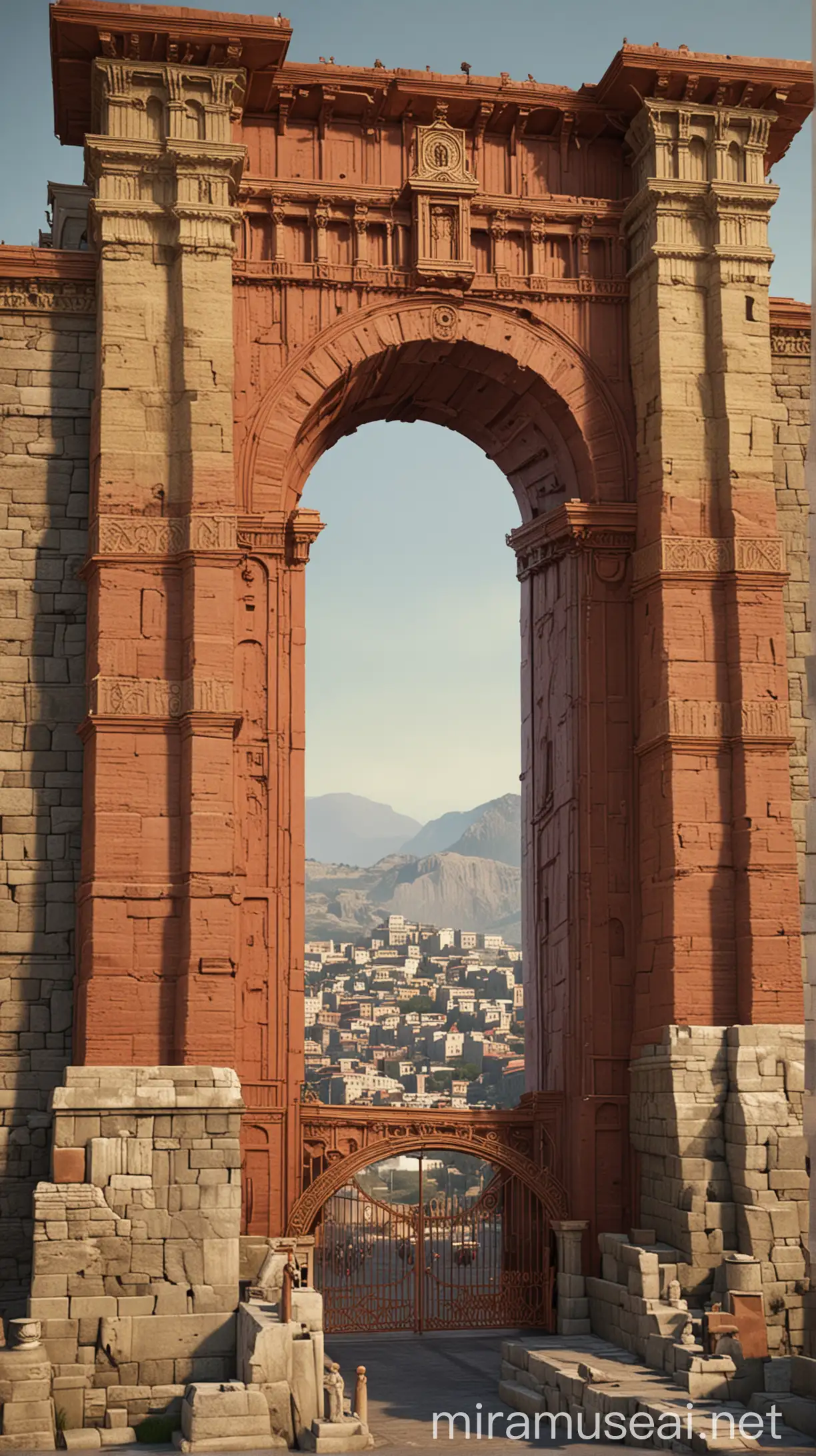 Historical Reconstruction  "Generate an image of the Golden Gate as it might have appeared in the 6th or 7th century during the Byzantine era, with detailed architectural features and people in period-appropriate attire entering the gate."