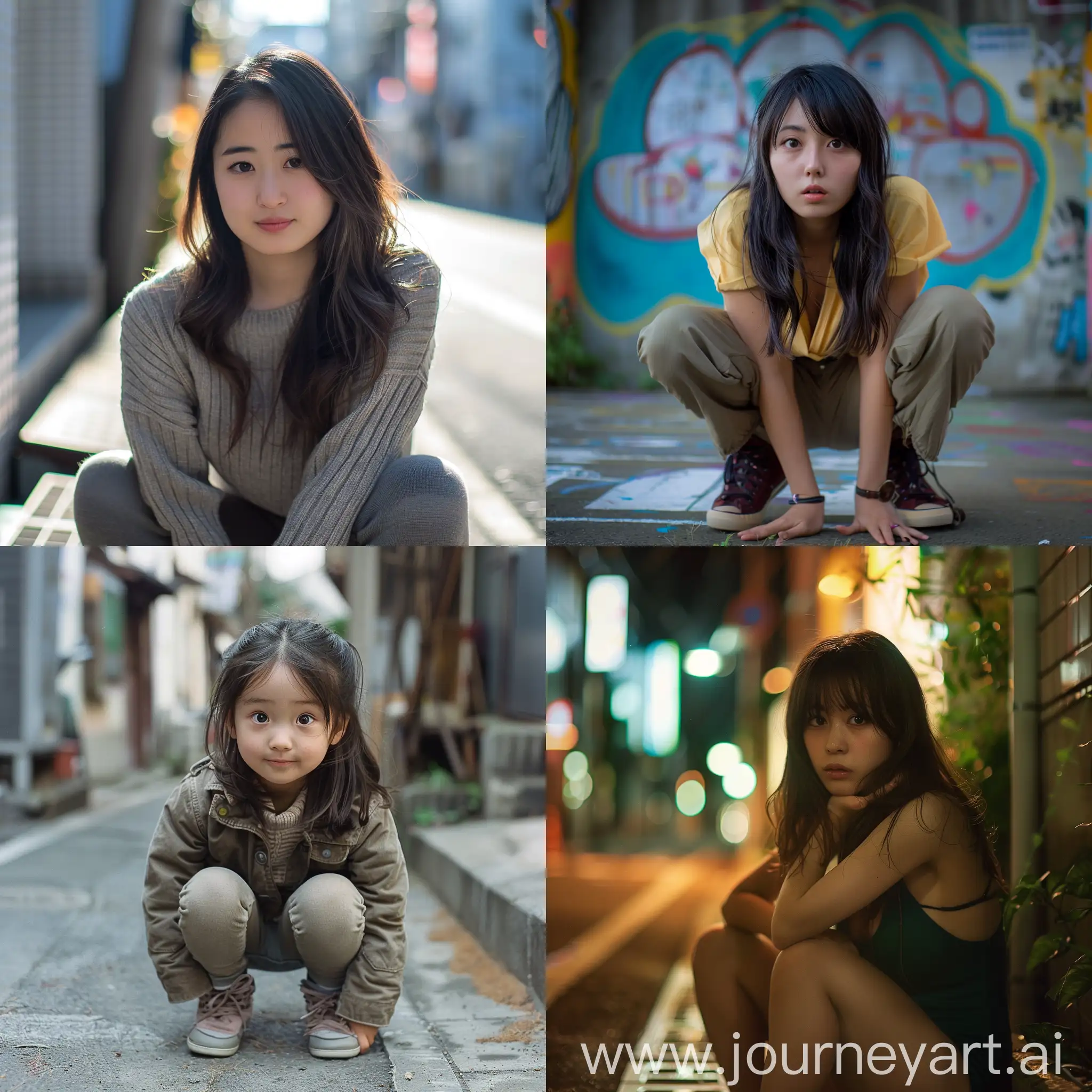 Cute-Japanese-Girl-Crouching-and-Smiling-at-the-Camera