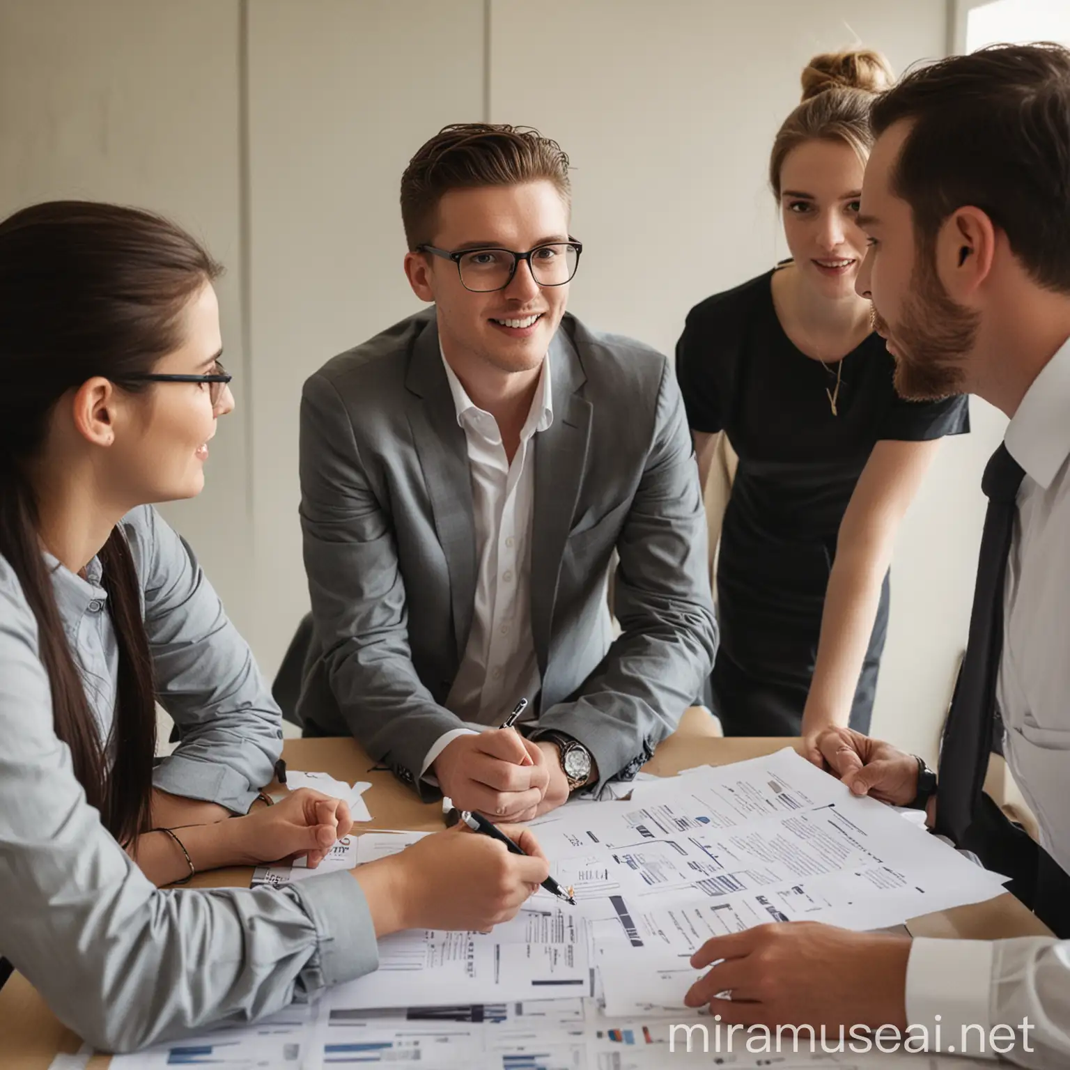 Manager and CoWorkers Discussing Strategy in Office Meeting