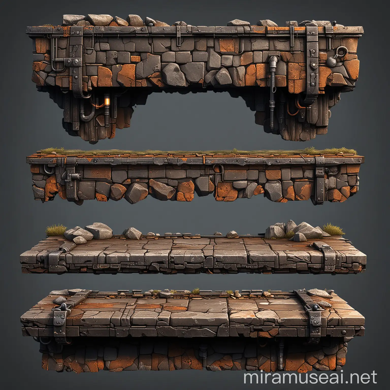 Black Underground platform for a 2D side-scroller game, side view, seamless, realistic, featuring weathered stone and rusted metal surfaces, integrated with subtle pipes designed for a player to walk on, detailed digital art, sprite sheet, trending on ArtStation, in a front view perspective.