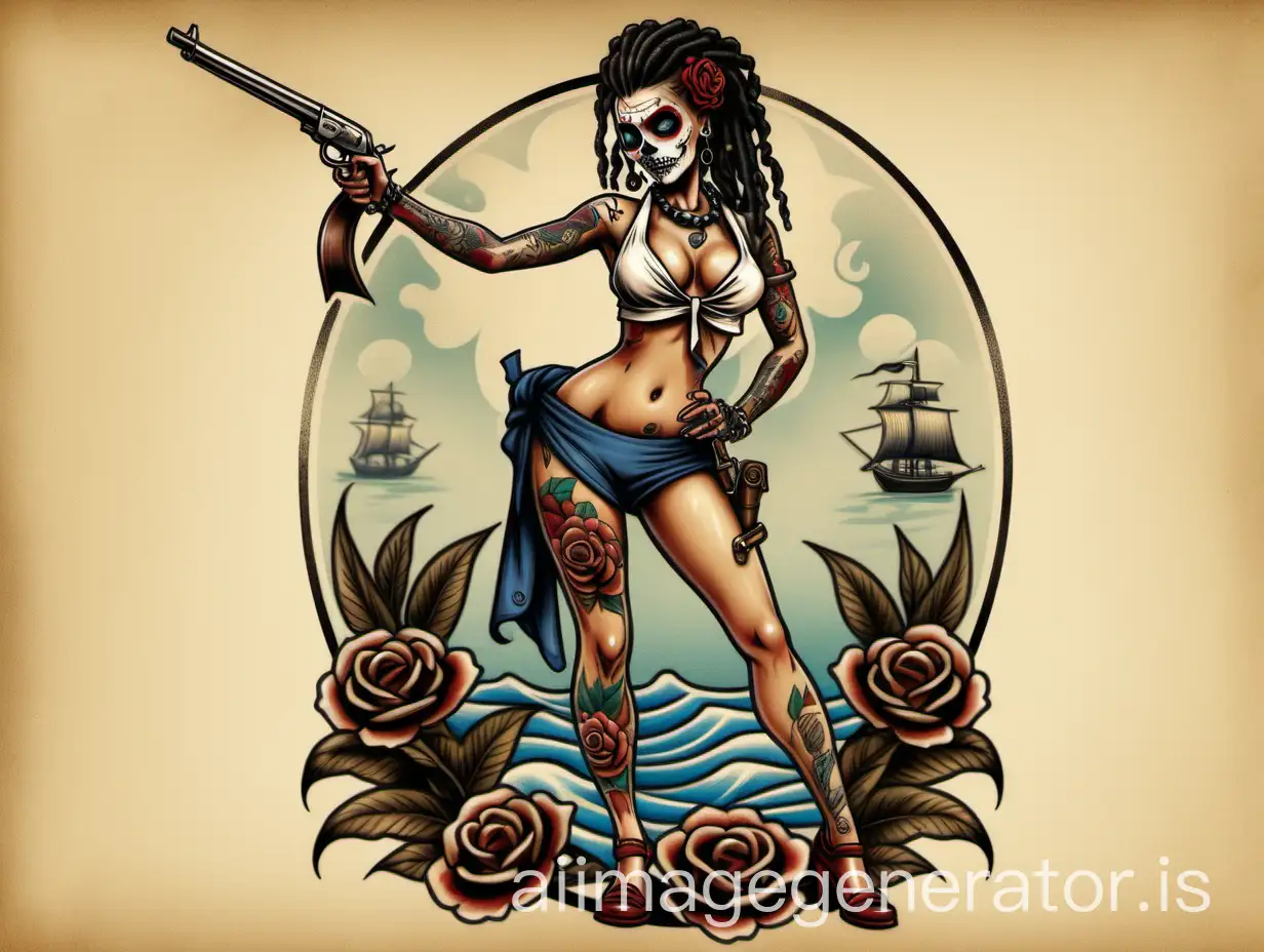 tattoo design of a Traditional Pin up girl standing on one leg, with dread locks hairdo, holding a flintlock pistol in one hand and a cutlass sword in the other hand. wearing a bathing suit and a day of the dead face in a sailor jerry tattoo