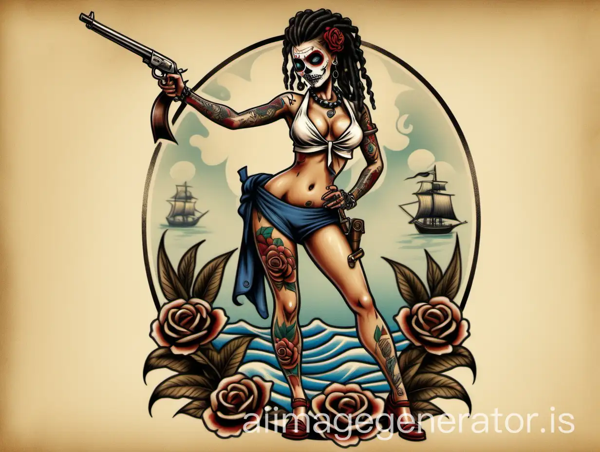 tattoo design of a Traditional Pin up girl standing on one leg, with dread locks hairdo, holding a flintlock pistol in one hand and a cutlass sword in the other hand. wearing a bathing suit and a day of the dead face in a sailor jerry tattoo 