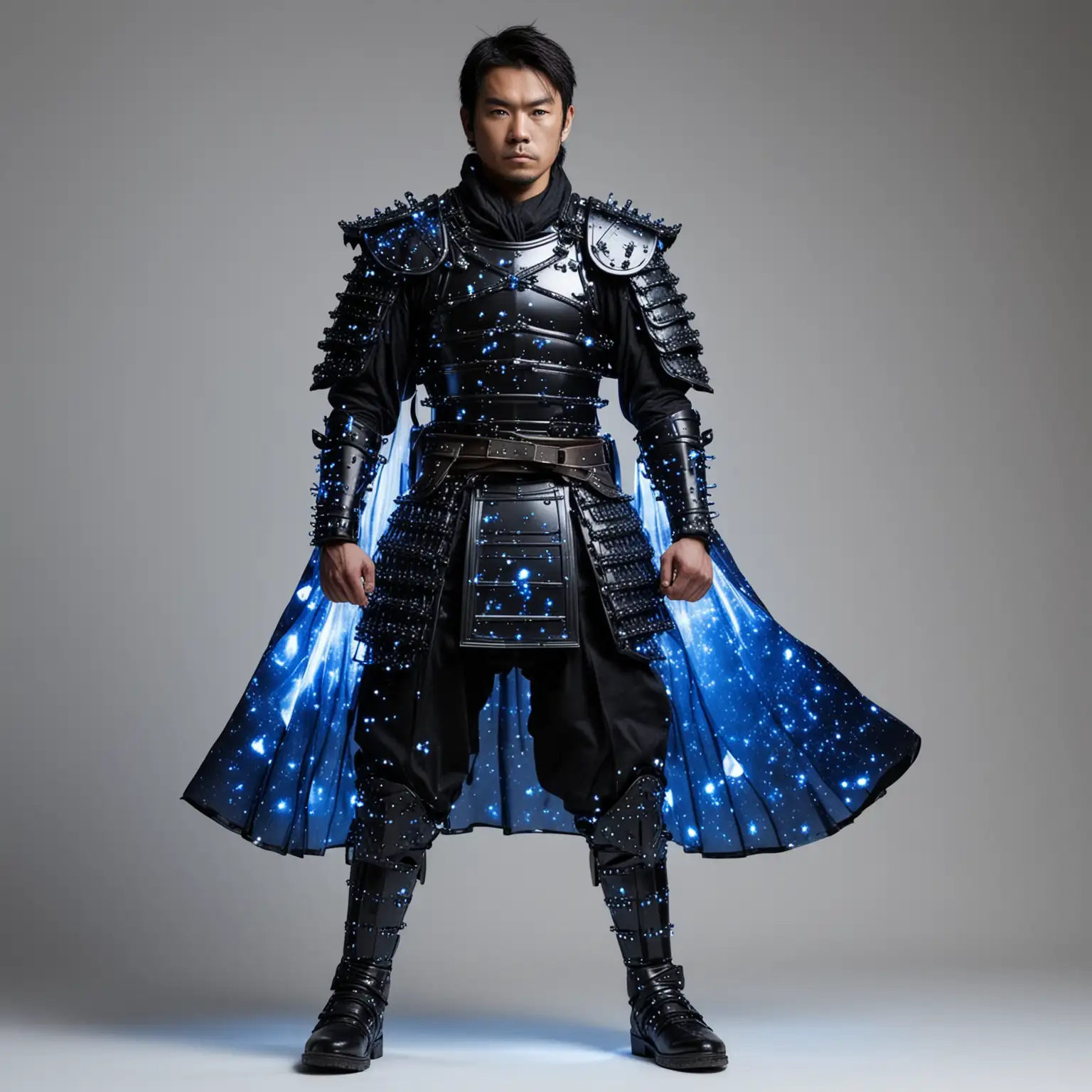 Standing full body view, Strong heroic Japanese man in black plastic samurai armor with glowing blue LED's forming constellations, blue cape, black boots, boots, white background