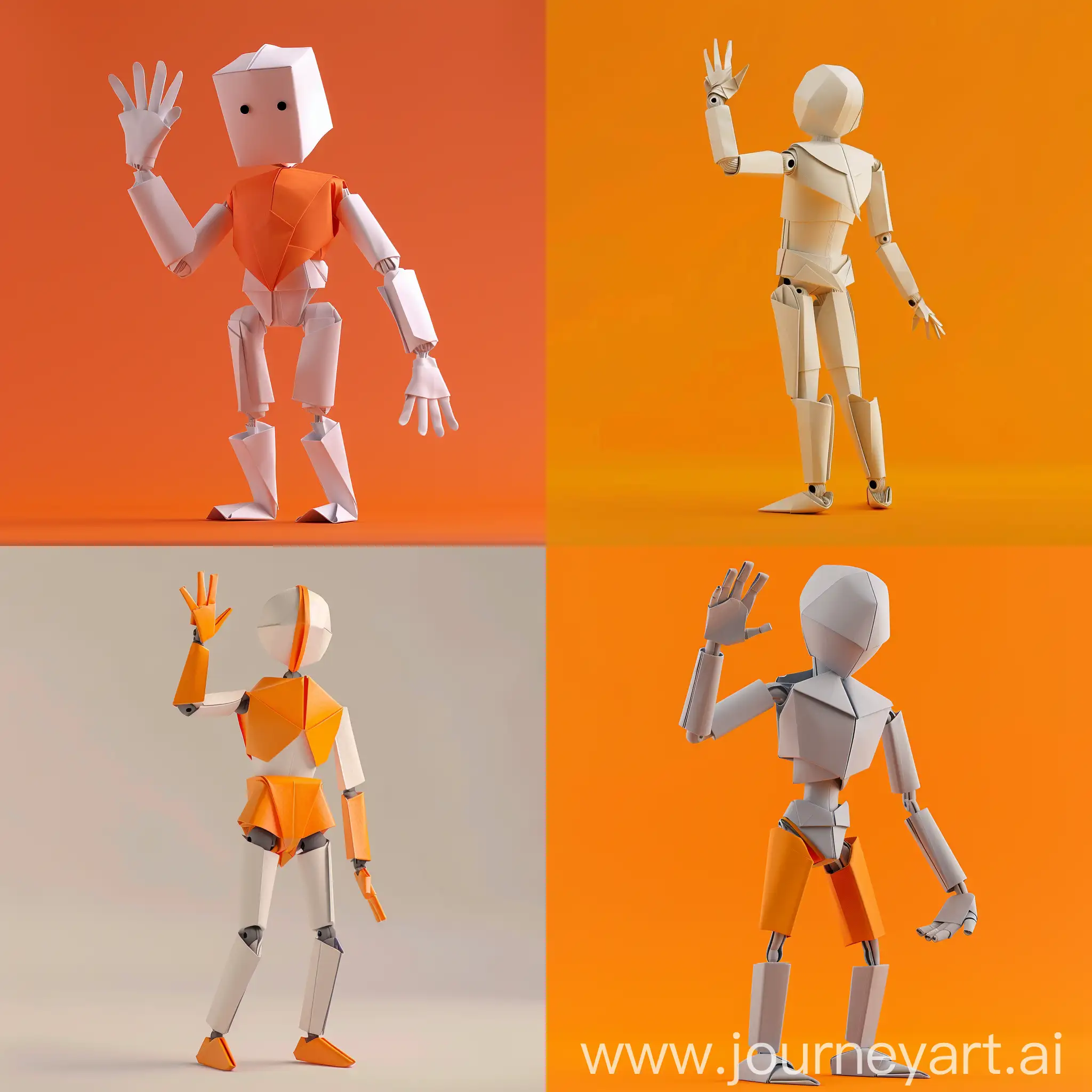 an animated small origami folded genderless mannequin waving hi in Orange1