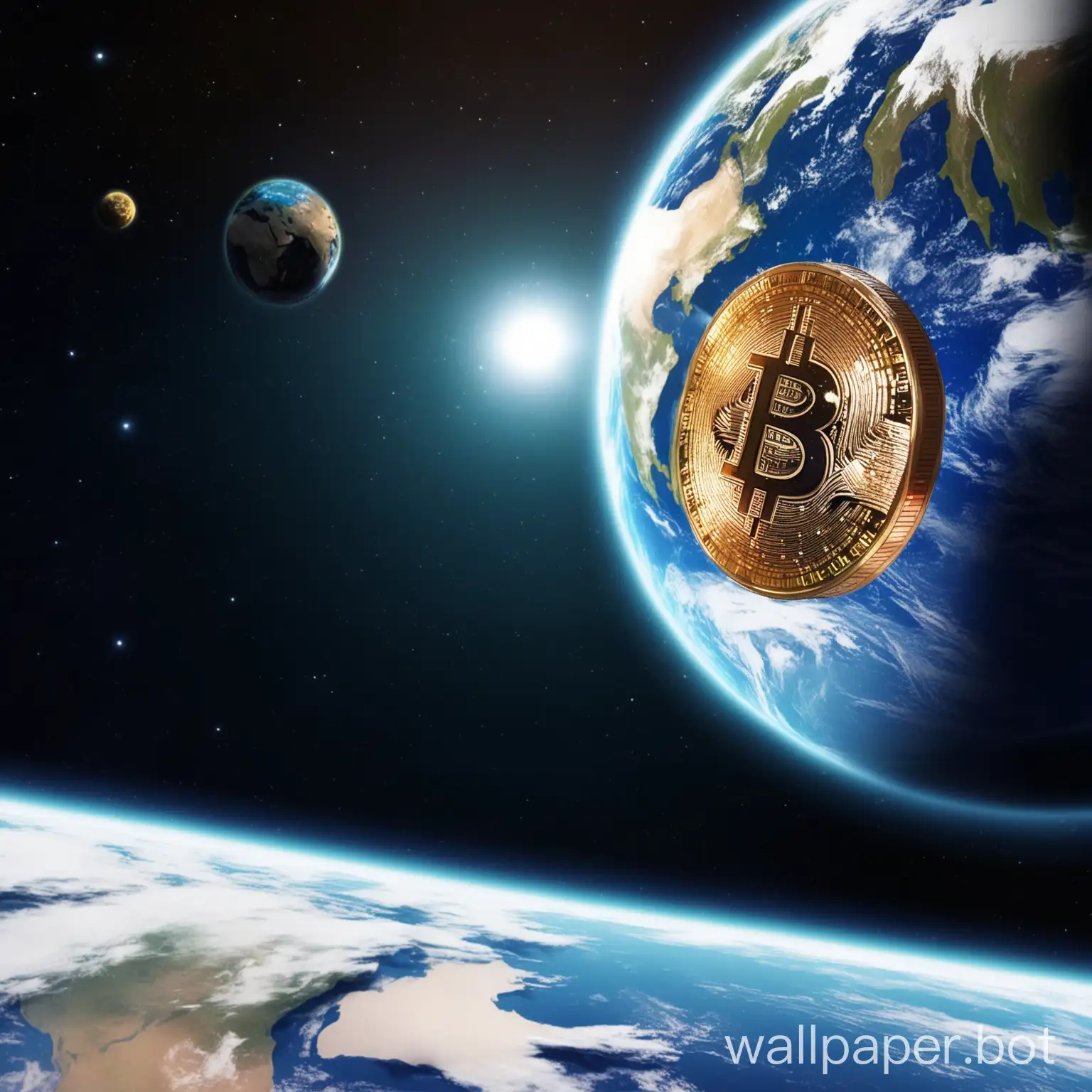 Bitcoin appears behind Planet earth