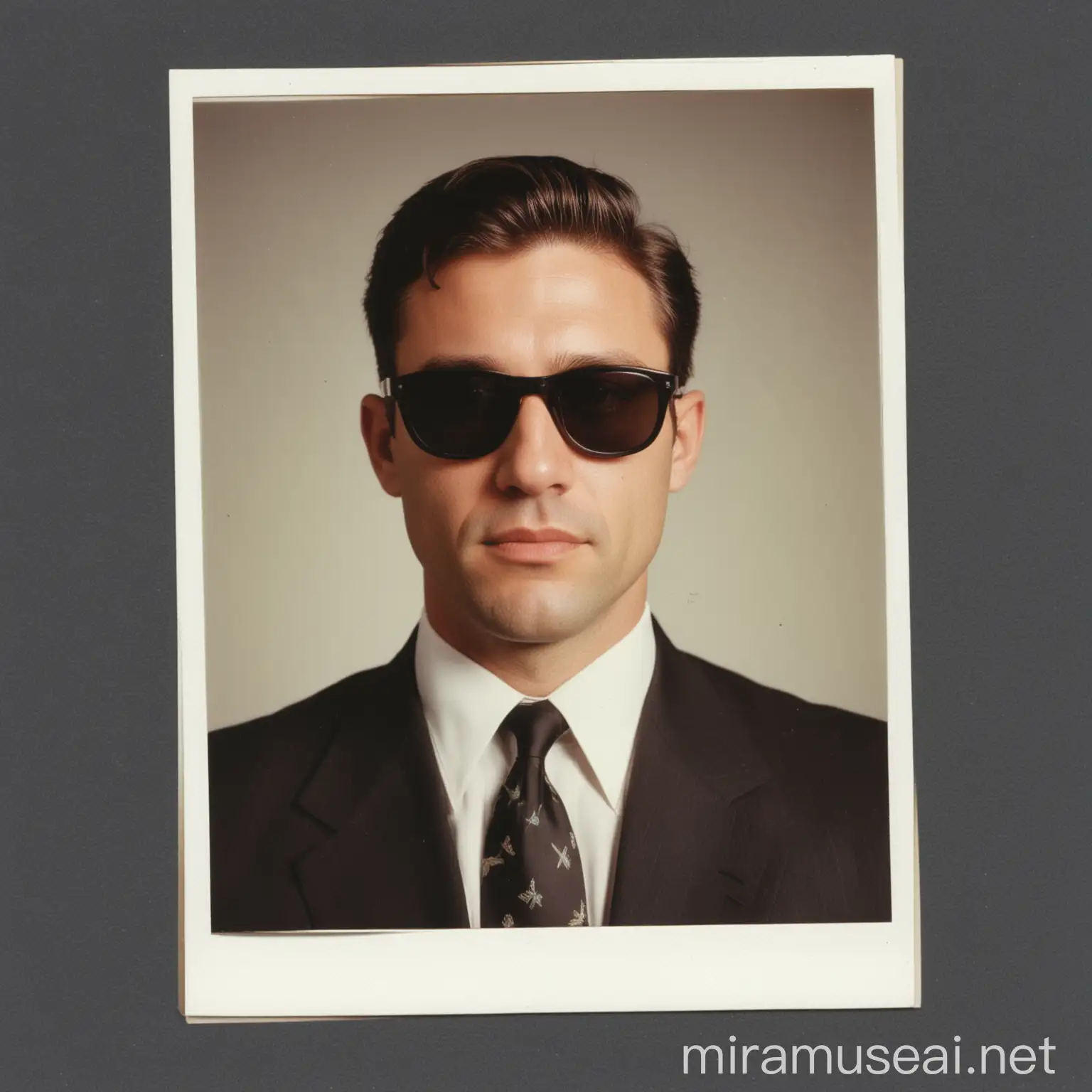 A portrait of an FBI Agent wearing sun glasses, polaroid photo, 1993