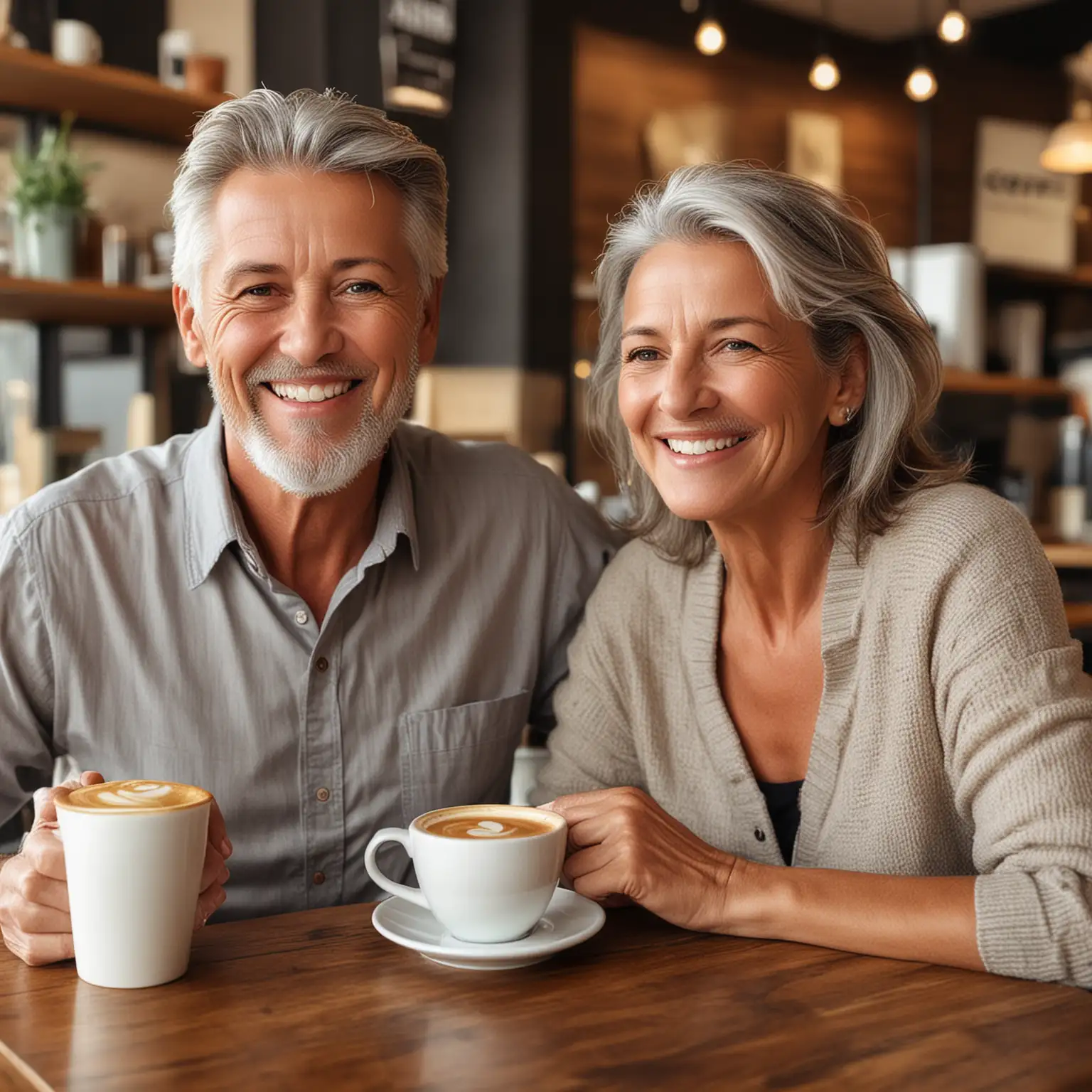 Show me an image of a happy mature couple having a coffee at a coffee place. 