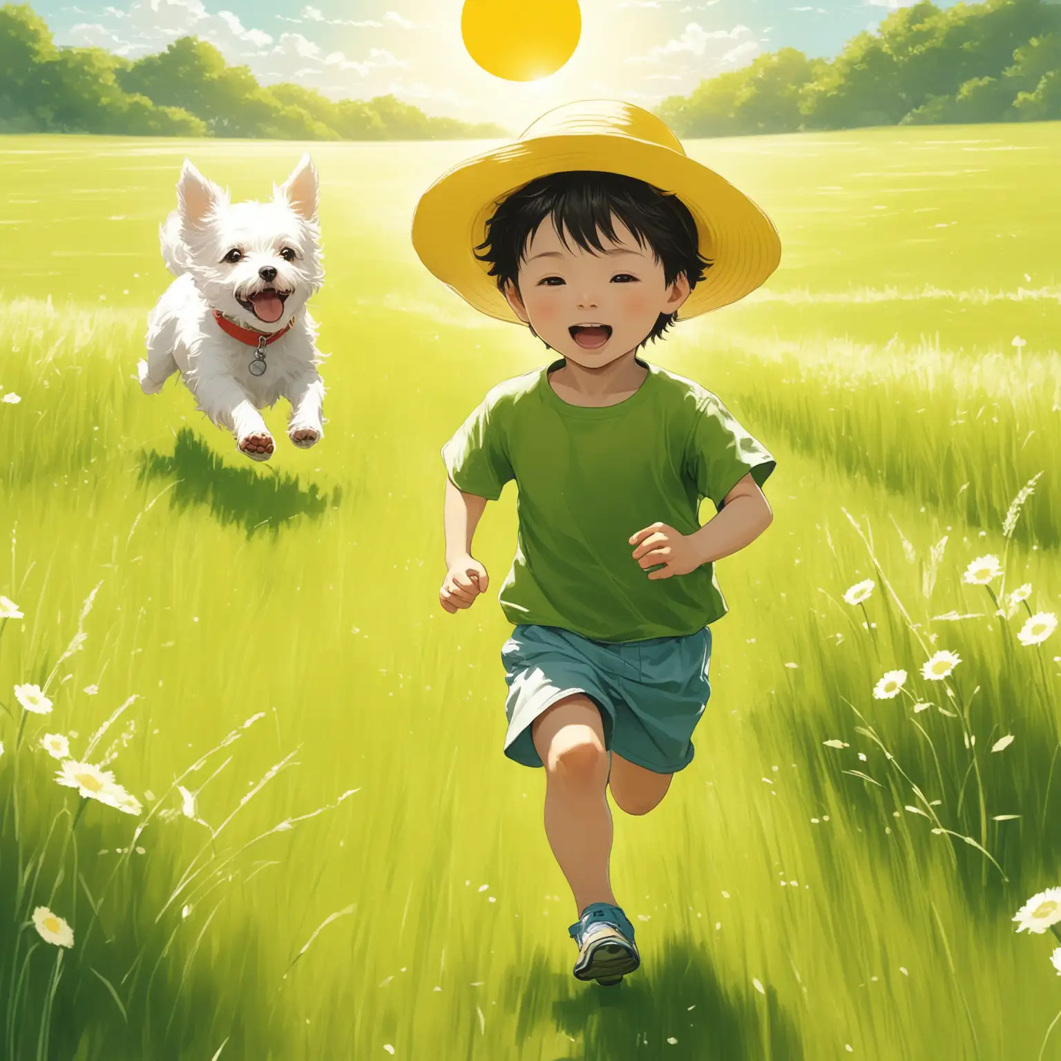 a little boy with a yellow sun hat and a white small dog running in a green field