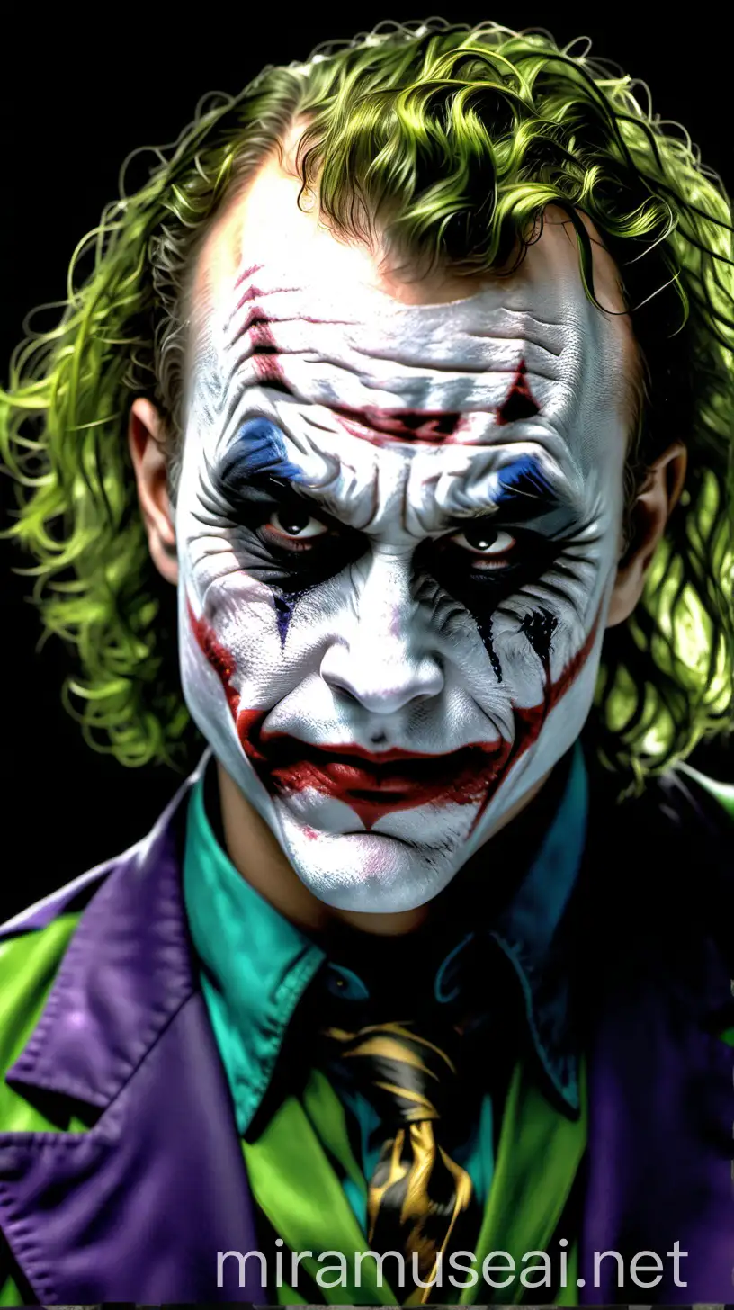 a realistic image of heath ledger joker . His expression is in attitude 