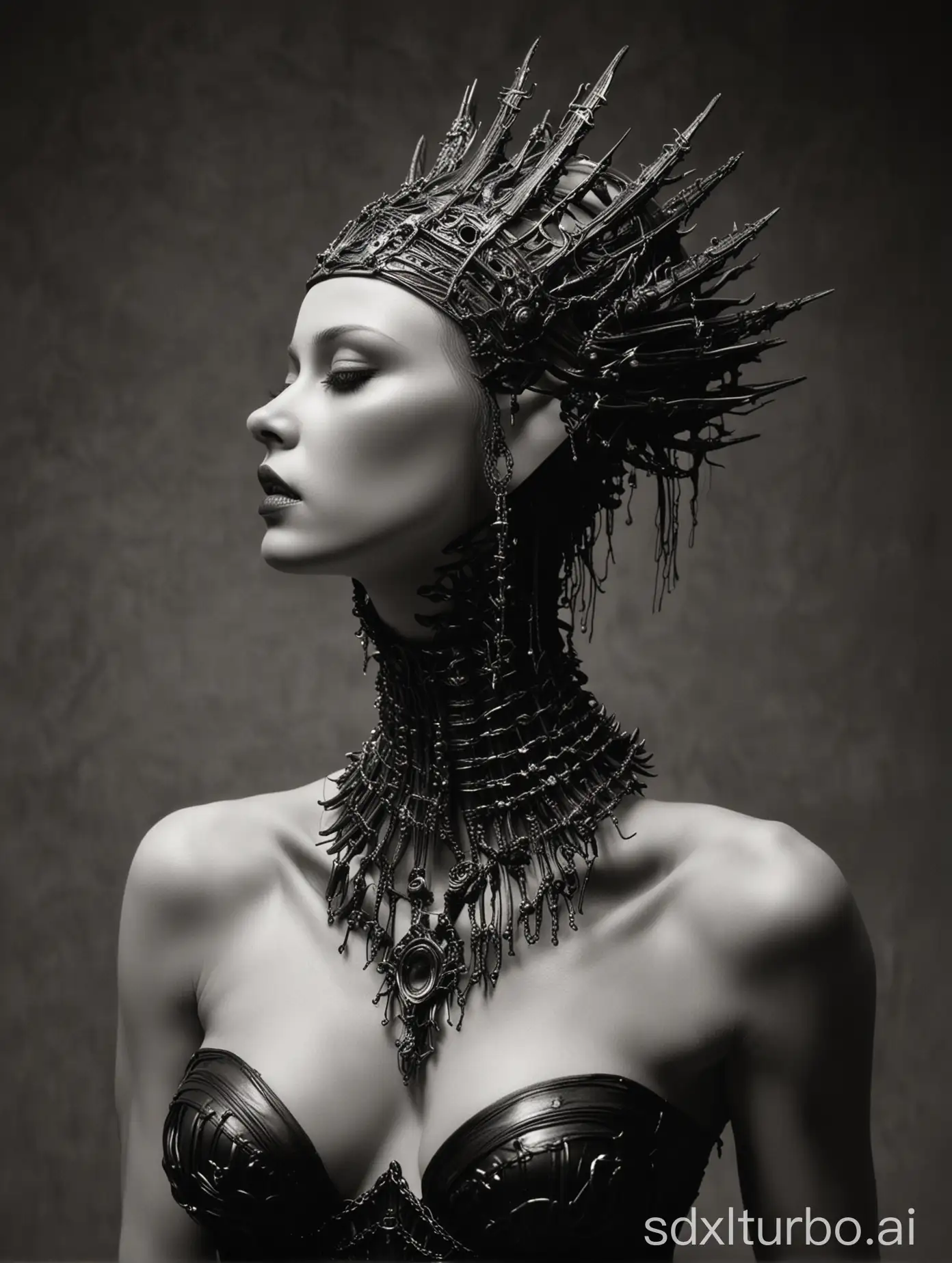 Giger Female with Beksinski tiara, extravagant choker and corset MeatRoots necklace, hero shot, side view, ballerina dancing, short hair or bald, light from below not above, black and white.