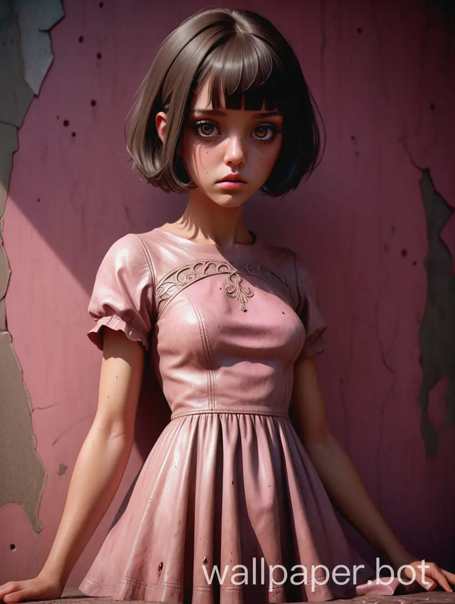 (full-length top view), kawaii aesthetics, dreamy, pensive, unearthly beautiful sadness, tanned skin, critically short bob haircut, large detailed eyes, perfect hands, in a bell dress, natural pose, correct anatomy, pink background on grunge brown cracked background, triple exposure, style by Dorothy Lathrop, E.H. Shepard, Anne Stokes style, perfect composition, dynamic light and shadow, bold high quality, intricate details, octane rendering, clarity, realism, 32k, cinematic, ultra-high detail, high quality, Artstation, perfect centered composition