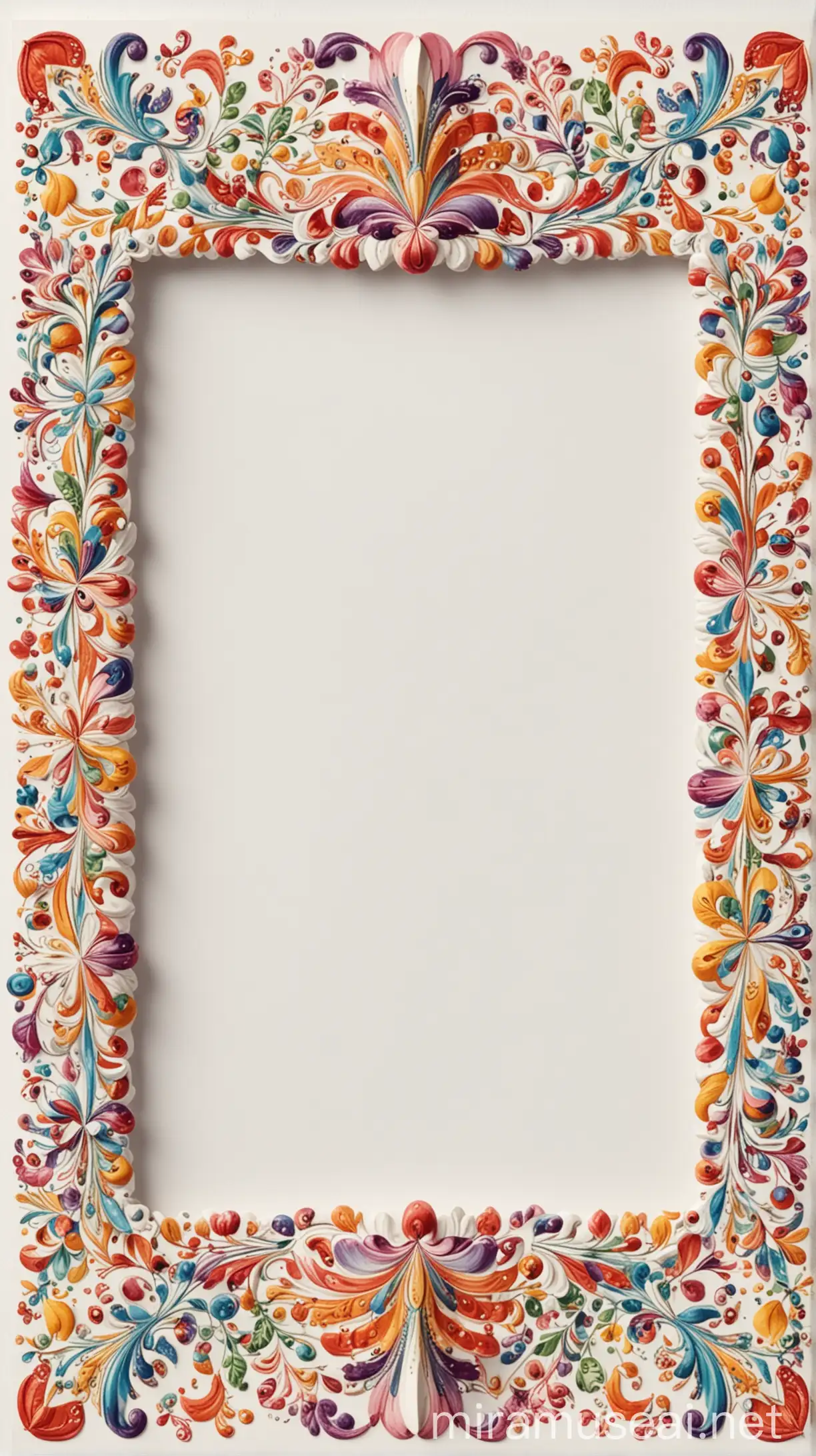 Generate an empty white image with a border made of carnival inspired shapes and colours no nature, no flowers