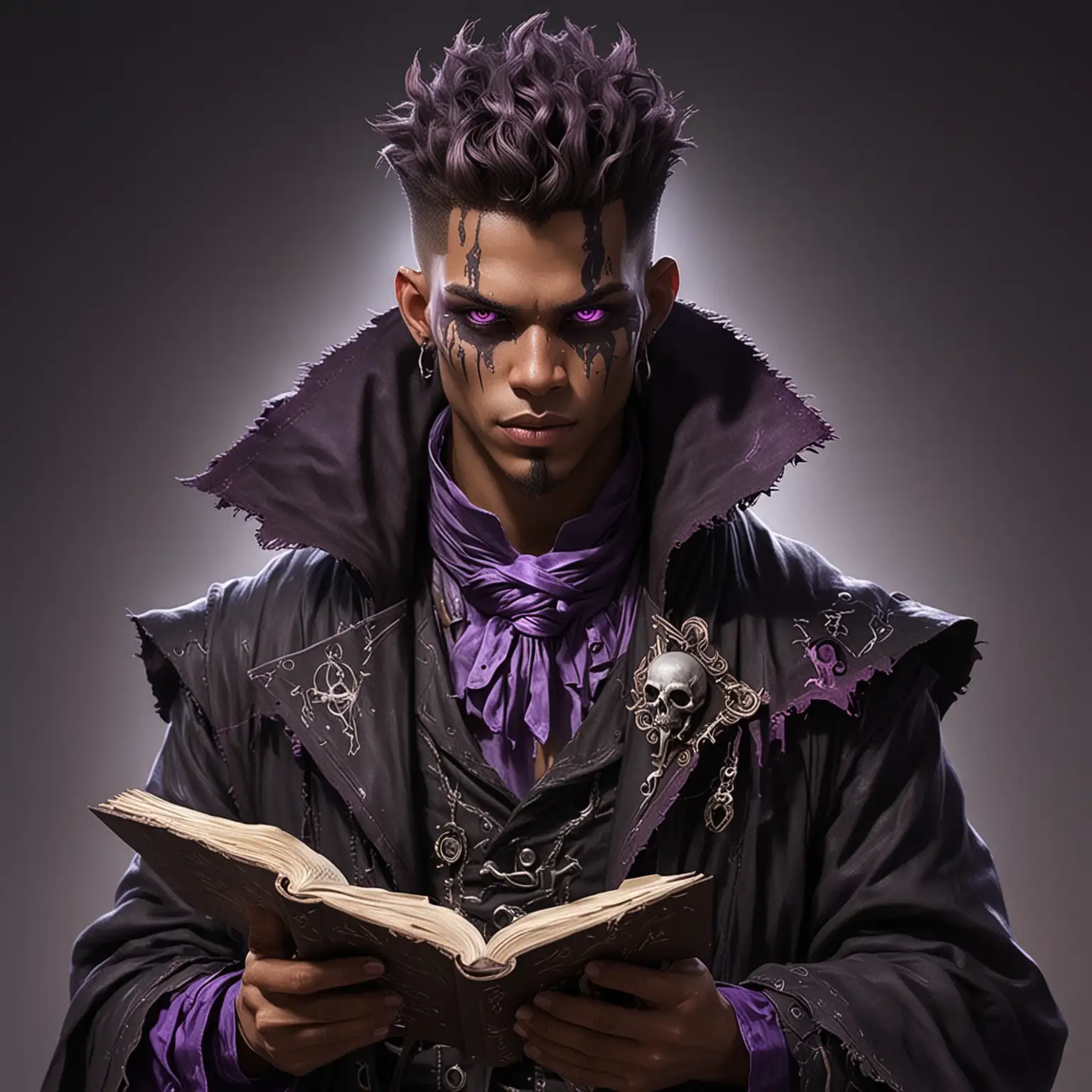 Male Necromancer with Glowing Eye and Spell Book in Black and Purple Raggedy Coat