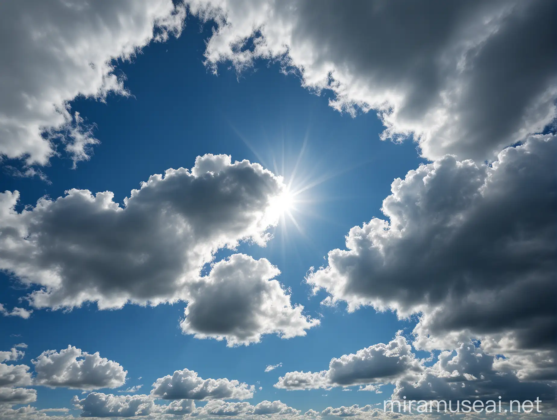 Bright Blue Sky with White Clouds Illuminated by Sunlight