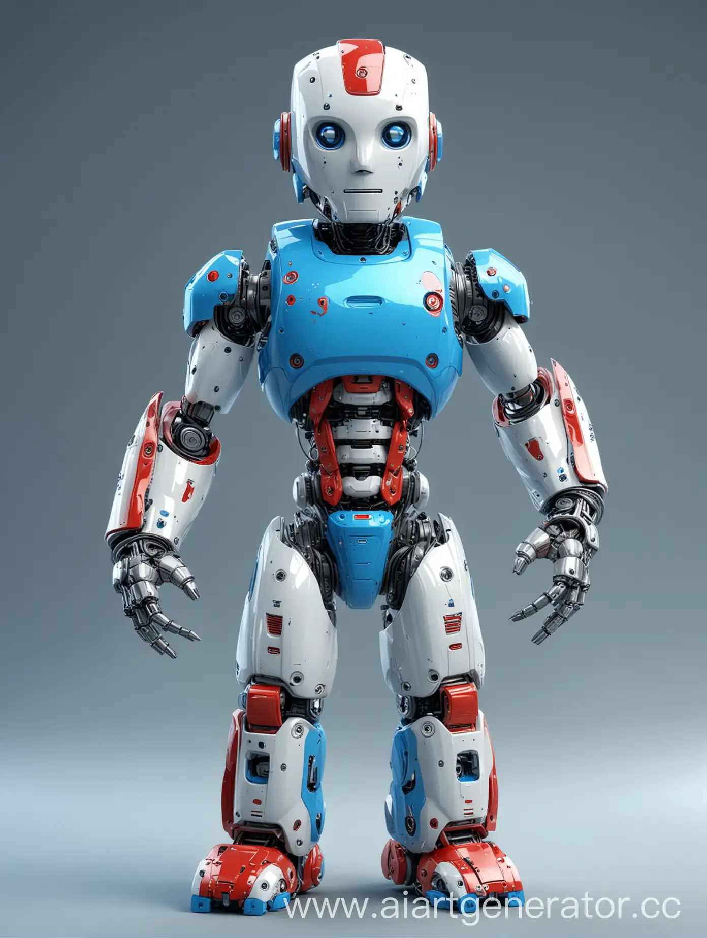 robô mascote nas cores azul, vermelho e branco
 3d 