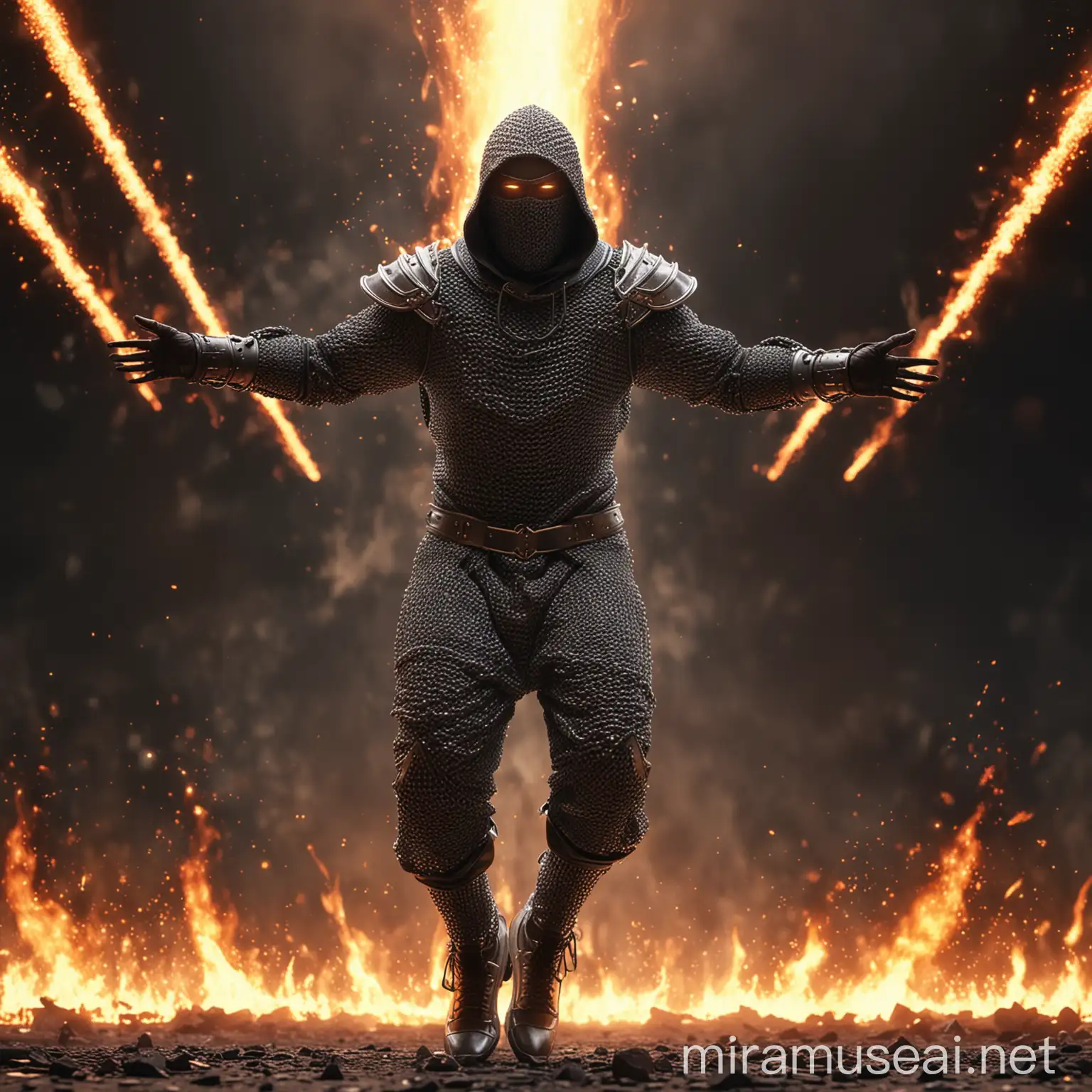 Octane 4D render , camera flash, Extreme wide shot of a chainmail hooded man wearing a futuristic outfit, flying one meter above the ground with his arms open, looking up, his face is invisible. 
Huge flames in the background.