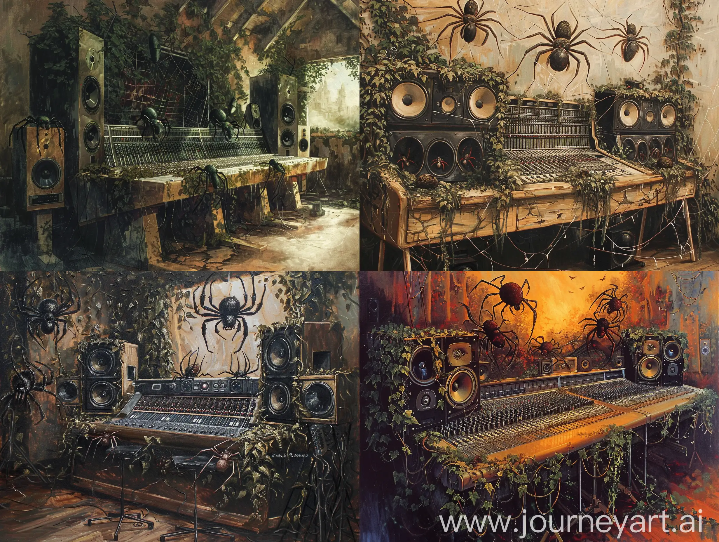 Rembrandt-Style-Painting-Recording-Studio-with-IvyCovered-Mixing-Desk-and-Spiders-on-Loudspeakers