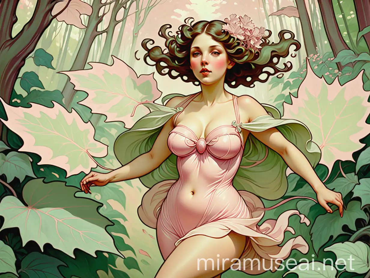 Curvaceous Woman Frolicking Among Enchanted Foliage Art Nouveau Style