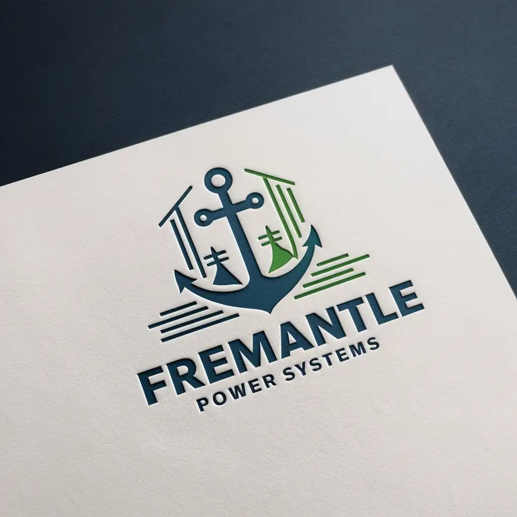 a logo design,with the text "Fremantle Power Systems", main symbol:logo is modern, clean, and professional.  logo should include a marine anchor, ship and power systems theme. T. preferred the color blue, green, or gray. must be logo on a white paper background,Moderate,clear background