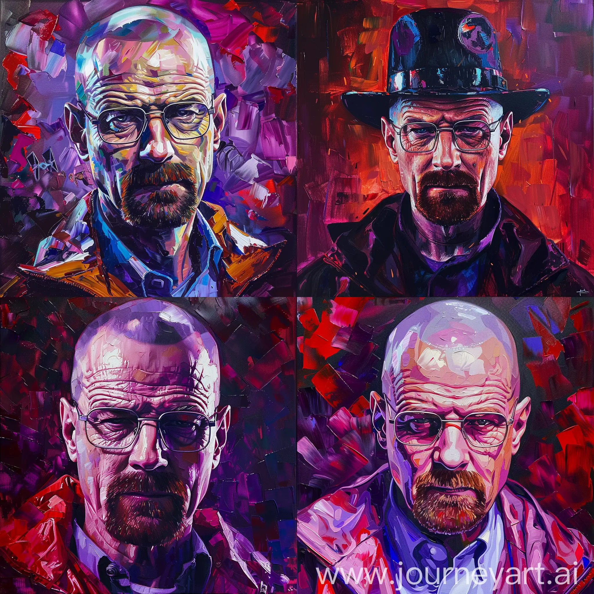 oil painting of heisenberg of breaking bad in star wars style with a color palette of bright moody purple and red. There are also touches of bright skin tone in high details --c 3