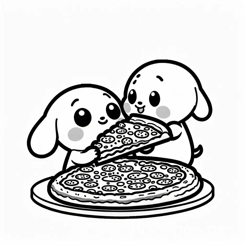 Cooky and chimmy eating pizza, Coloring Page, black and white, line art, white background, Simplicity, Ample White Space. The background of the coloring page is plain white to make it easy for young children to color within the lines. The outlines of all the subjects are easy to distinguish, making it simple for kids to color without too much difficulty