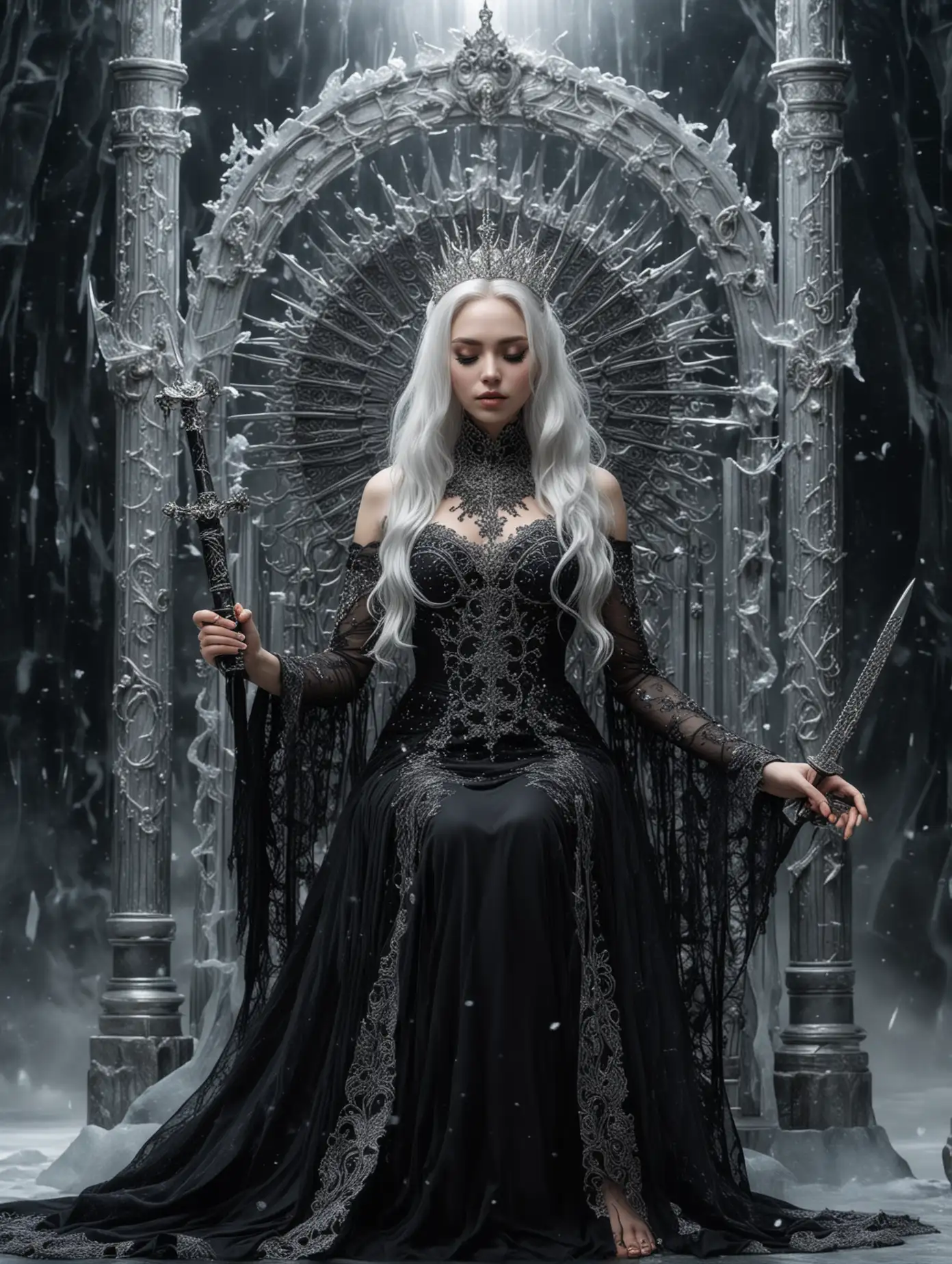 Космос, черная дыра, Богиня красивая женщина сидит на ледяном высоком троне. Длинное черное платье, в руке держит серебряный меч. Глаза закрыты. Лицо полностью закрыто черной ажурной маской. Белые волосы. На голове большая ледяная корона с лучами. Серебряные украшения.