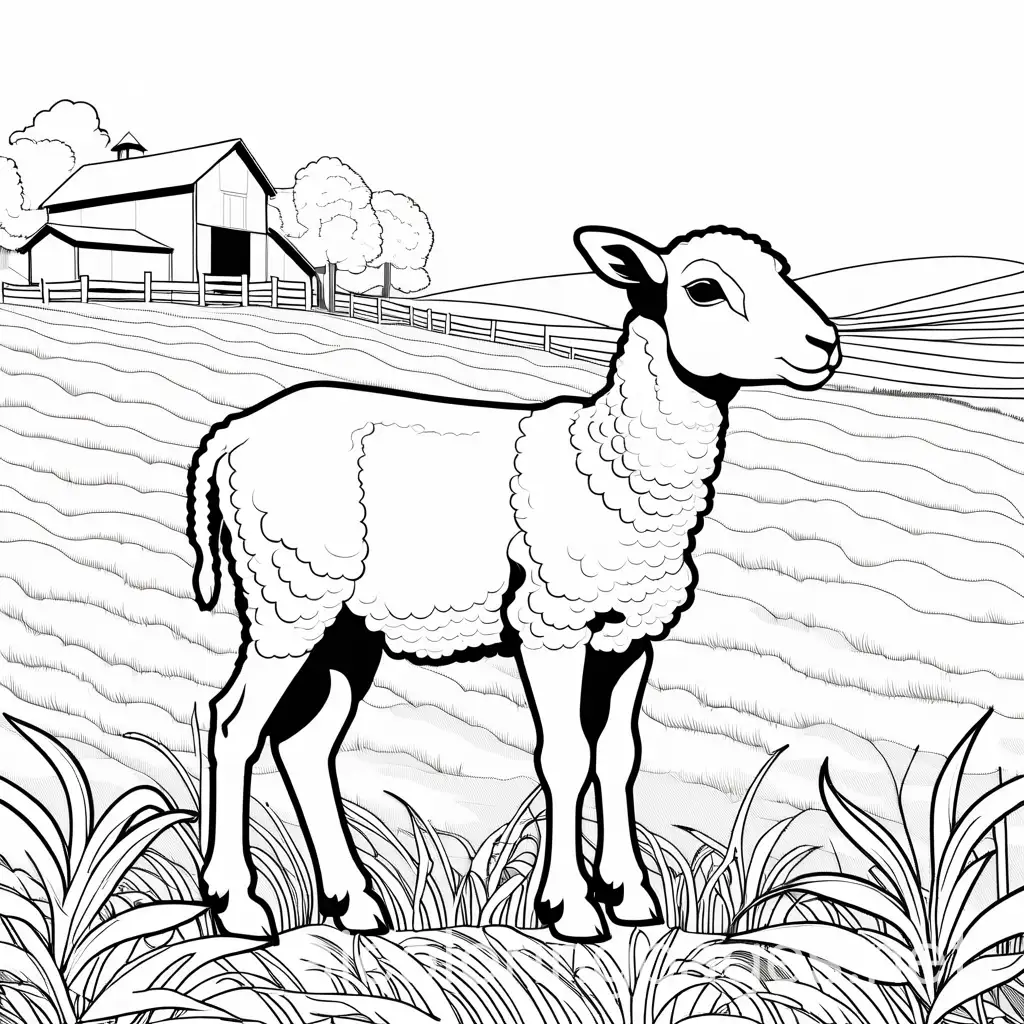 lamb on a farm , Coloring Page, black and white, line art, white background, Simplicity, Ample White Space. The background of the coloring page is plain white to make it easy for young children to color within the lines. The outlines of all the subjects are easy to distinguish, making it simple for kids to color without too much difficulty