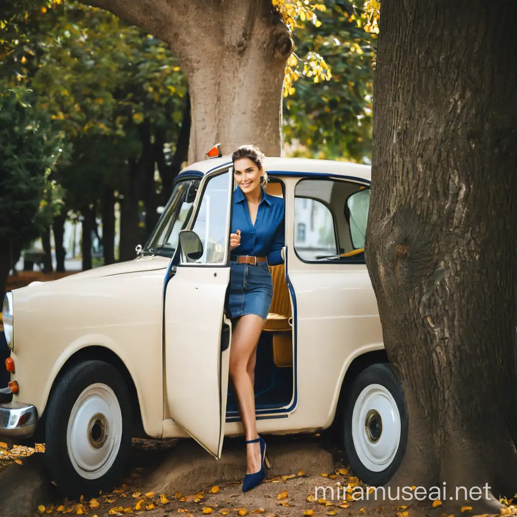 A woman in a short denim skirt and navy blue high-heeled pumps gets into a beige Trabant standing under a tree with wheels on its roots.