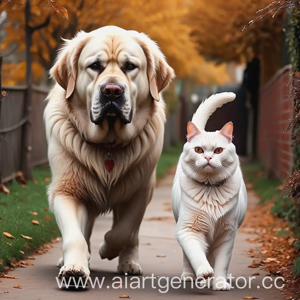very beautiful cat walking with big dog