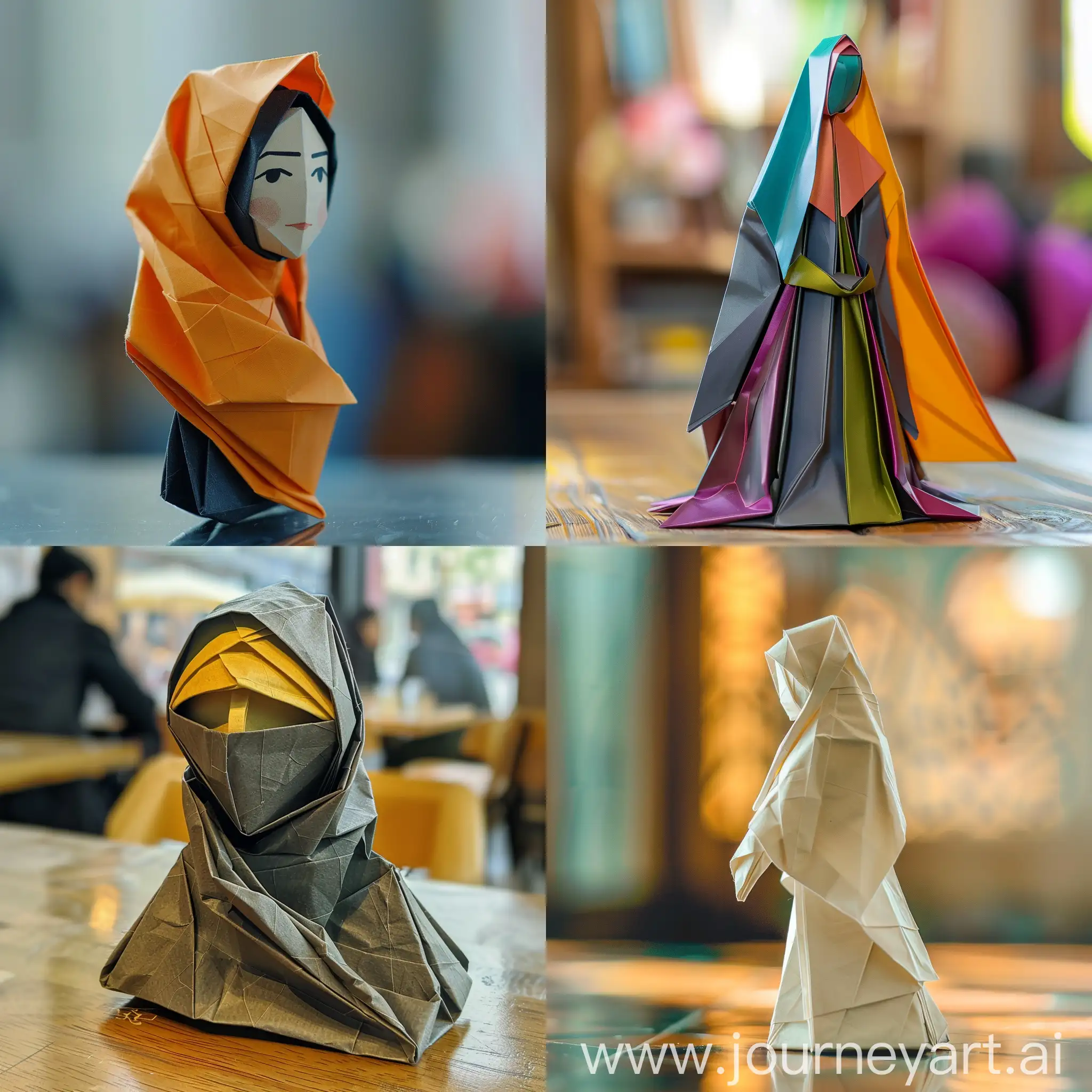Ada sebuah origami wanita hijab diatas meja papan. Foto diambil dekat. 