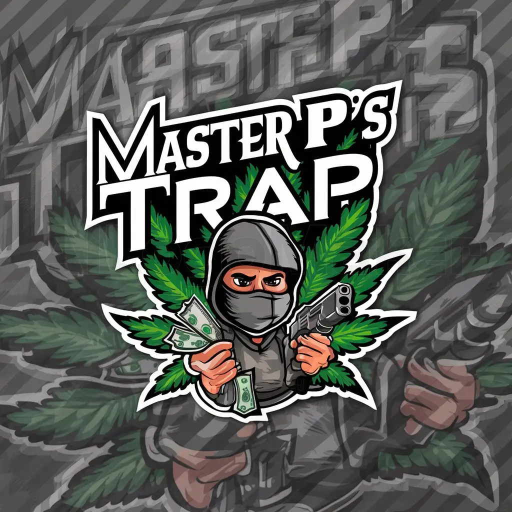 a logo design,with the text "Master Ps Trap", main symbol:A highly detailed weed inspired background with a cartoon character wearing a balaclava holding weed, money and a pistol,Moderate,be used in Others industry,clear background