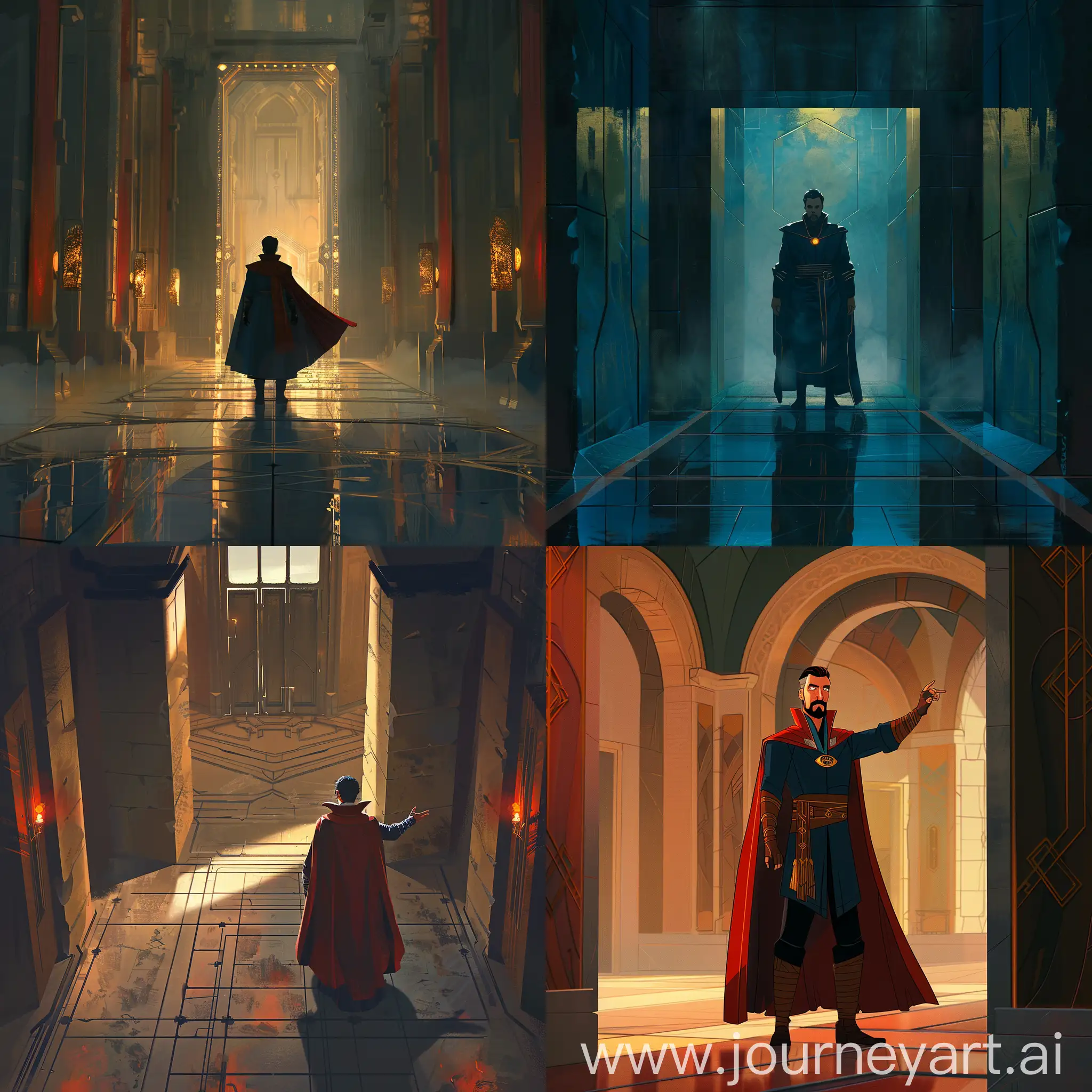 Subject: Doctor Strange's character.
Pattern of design and illustration: following the animation of Marvel Studios, in the name of what if..
Character Description: Stands upright, facing the first-person audience, and invites him in politely but mysteriously by pointing to a door.
Description of the image: one-point perspective, a square cubic hall, from the first view, the adjacent walls are very narrow, the hall is similar to an Achaemenid place of worship but with little detail, the lighting space is from small torches on the walls, but the supplier Little light is produced and the atmosphere is dim and mysterious.