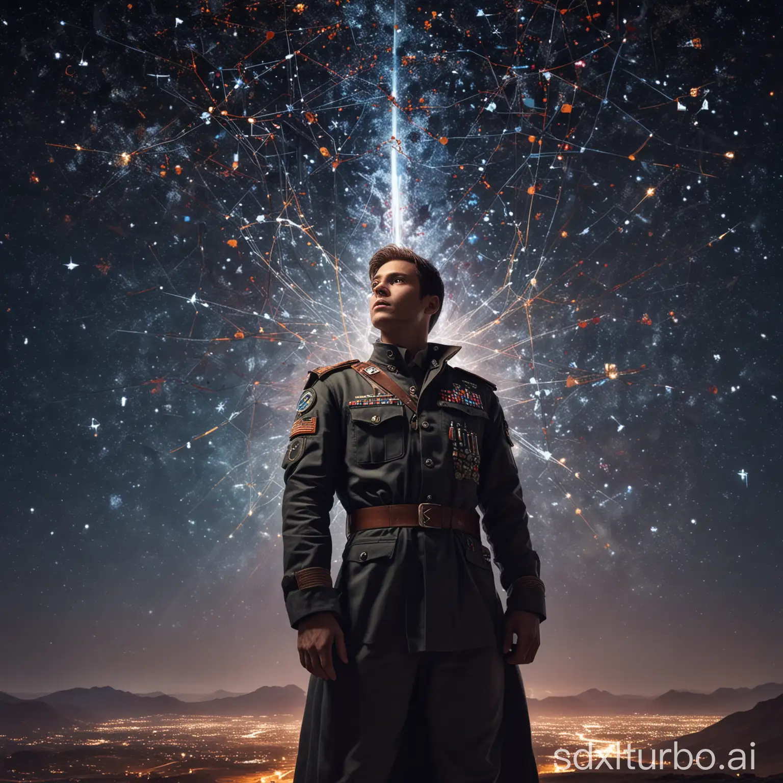 The ENTP Debater, dressed in futuristic lab attire, holds a luminous torch symbolizing the spark of innovation. He stands in a lab filled with high-tech equipment and flickering screens, surrounded by abstract symbols and patterns representing the sparks of innovative thinking. The ENTJ Commander, clad in a crisp military uniform and holding a telescope, stands atop a towering command tower, overlooking the battlefield and the spread-out strategic map below. His eyes gleam with determination and wisdom. Above their heads is a starry sky composed of constellation patterns for each MBTI type, under which they, with different colors and dreams, jointly guard our homeland.