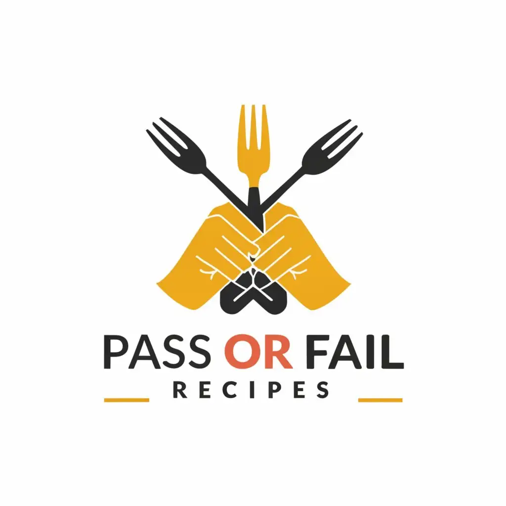 a logo design,with the text "Pass Or Fail Recipes", main symbol:incorporates one hand holding a fork pointed upwards, and one hand holding a knife pointed downwards.,Moderate,be used in Restaurant industry,clear background