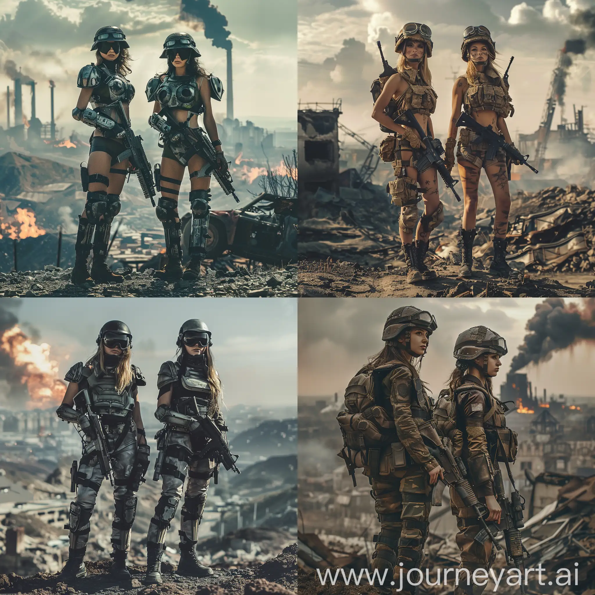 Two-Women-in-Army-Exoskeletons-Amidst-a-Burning-City