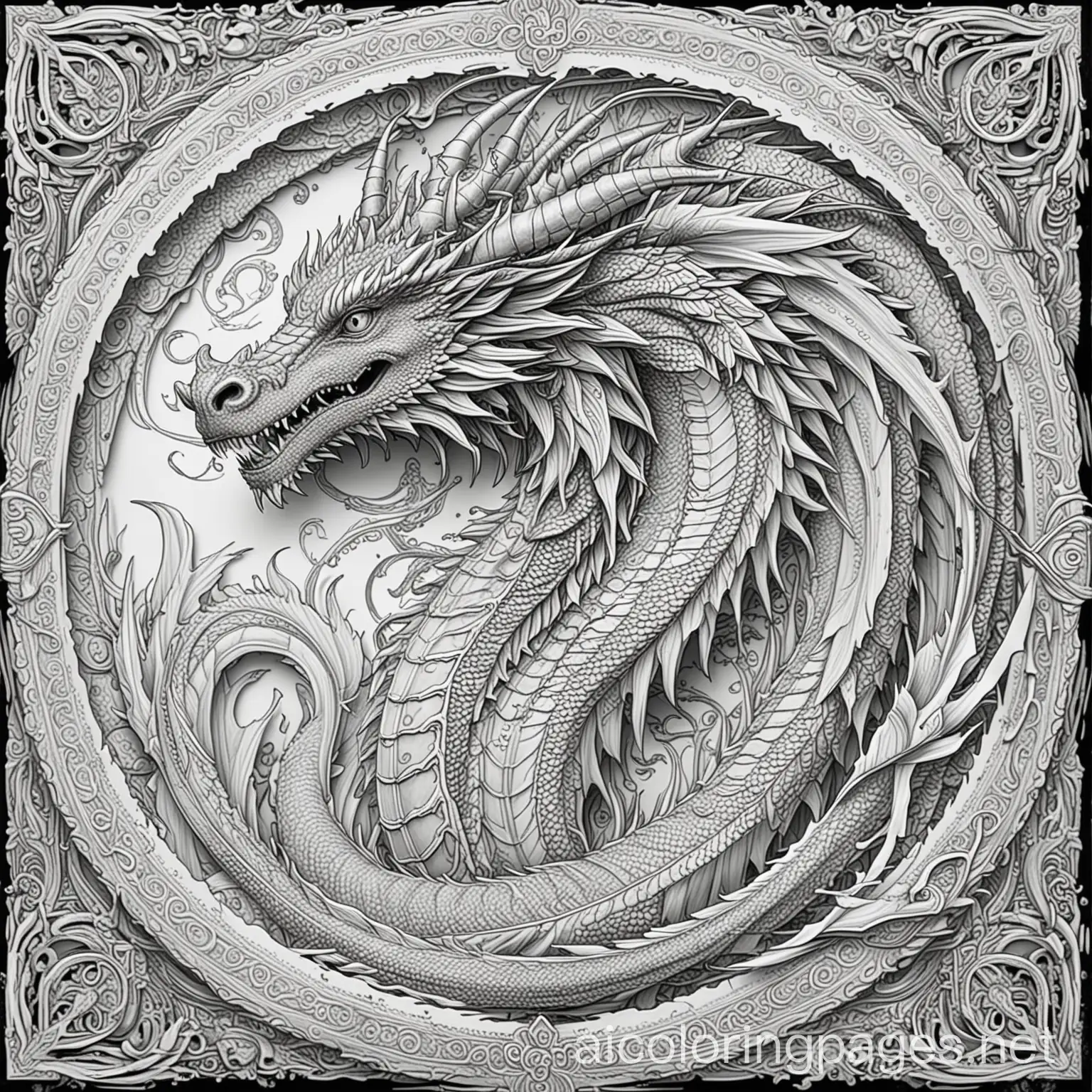 elaborate and intricate detailed regal full Druk Dragon for adult coloring book, Coloring Page, black and white, line art, white background, Simplicity, Ample White Space. The background of the coloring page is plain white to make it easy for young children to color within the lines. The outlines of all the subjects are easy to distinguish, making it simple for kids to color without too much difficulty
