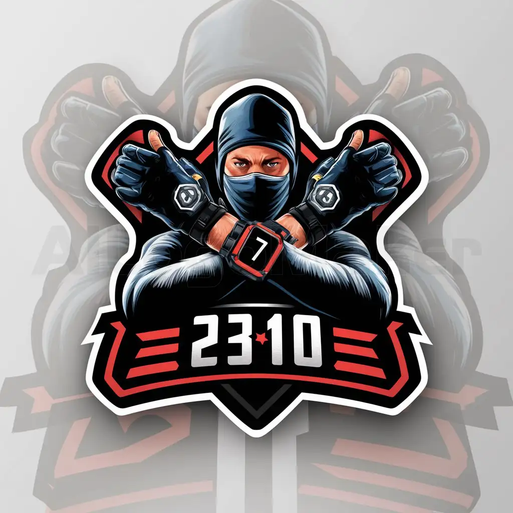 a logo design,with the text "2310", main symbol:A masked man with his arms in an x shape, wearing gloves and inside a smart watch in his hand and have number 7,Moderate,be used in Gamer industry,clear background