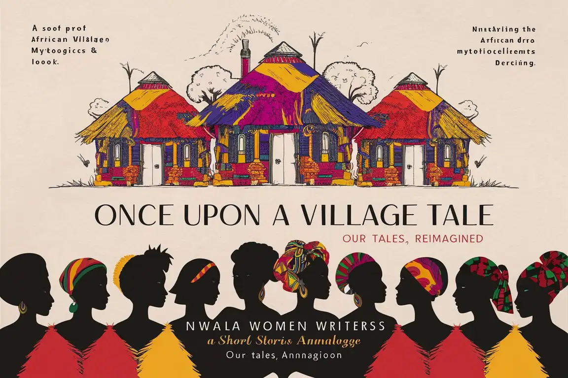minimalistic yet full design, full book cover, African mythology and folklore, showcasing pencil drawing of african village with huts infused with mythology at the bottom of the cover, and african women silhouettes, full colour. Title 'Once Upon A Village Tale' Author "Nwala Women Writers" subtitle "Our Tales, Reimagined" notes on cover 'Short Story Anthology'